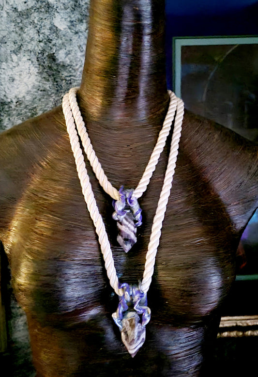 Chevron Amethyst Sculpted Point Silk Rope Amulet, Sculpted Gemstone Point Chest Piece, Jeans Jewelry for Petite Women, LGBTQ+ Bohemian Chest Piece