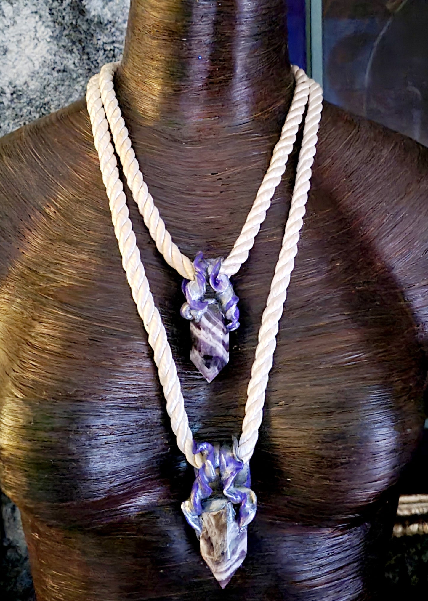 Chevron Amethyst Sculpted Point Silk Rope Amulet, Sculpted Gemstone Point Chest Piece, Jeans Jewelry for Petite Women, LGBTQ+ Bohemian Chest Piece