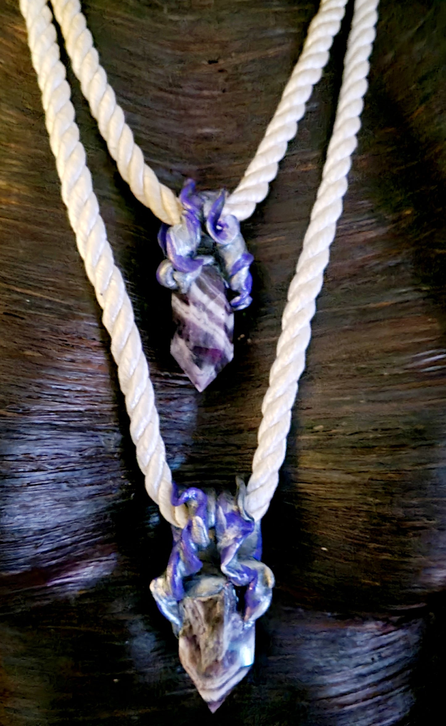 Chevron Amethyst Sculpted Point Silk Rope Amulet, Sculpted Gemstone Point Chest Piece, Jeans Jewelry for Petite Women, LGBTQ+ Bohemian Chest Piece