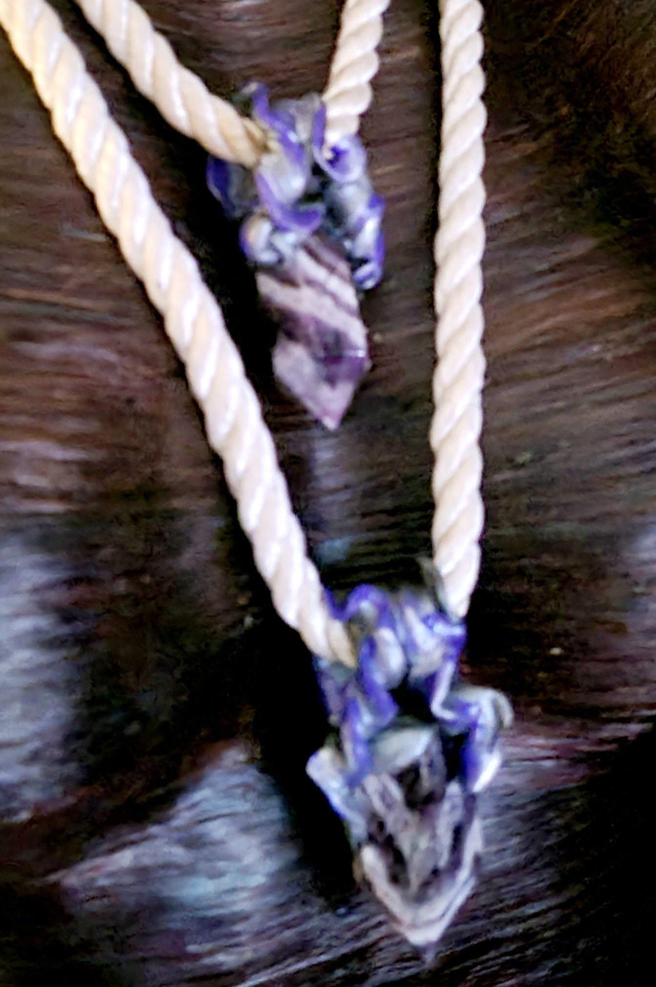 Chevron Amethyst Sculpted Point Silk Rope Amulet, Sculpted Gemstone Point Chest Piece, Jeans Jewelry for Petite Women, LGBTQ+ Bohemian Chest Piece