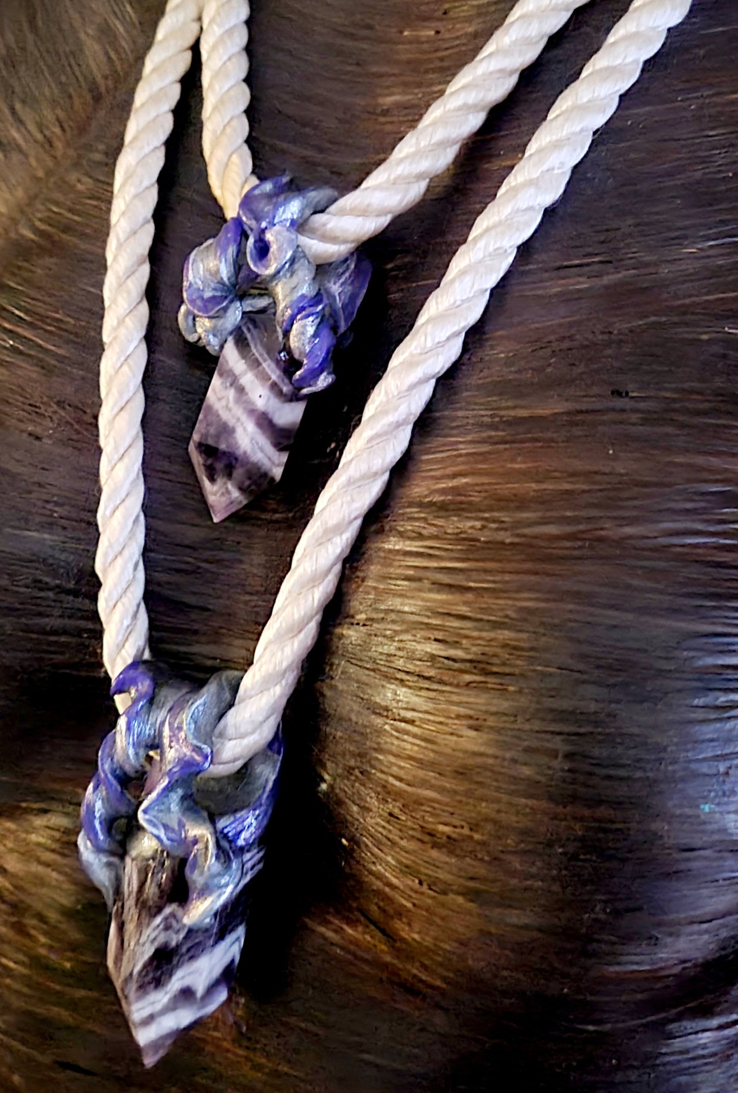 Chevron Amethyst Sculpted Point Silk Rope Amulet, Sculpted Gemstone Point Chest Piece, Jeans Jewelry for Petite Women, LGBTQ+ Bohemian Chest Piece