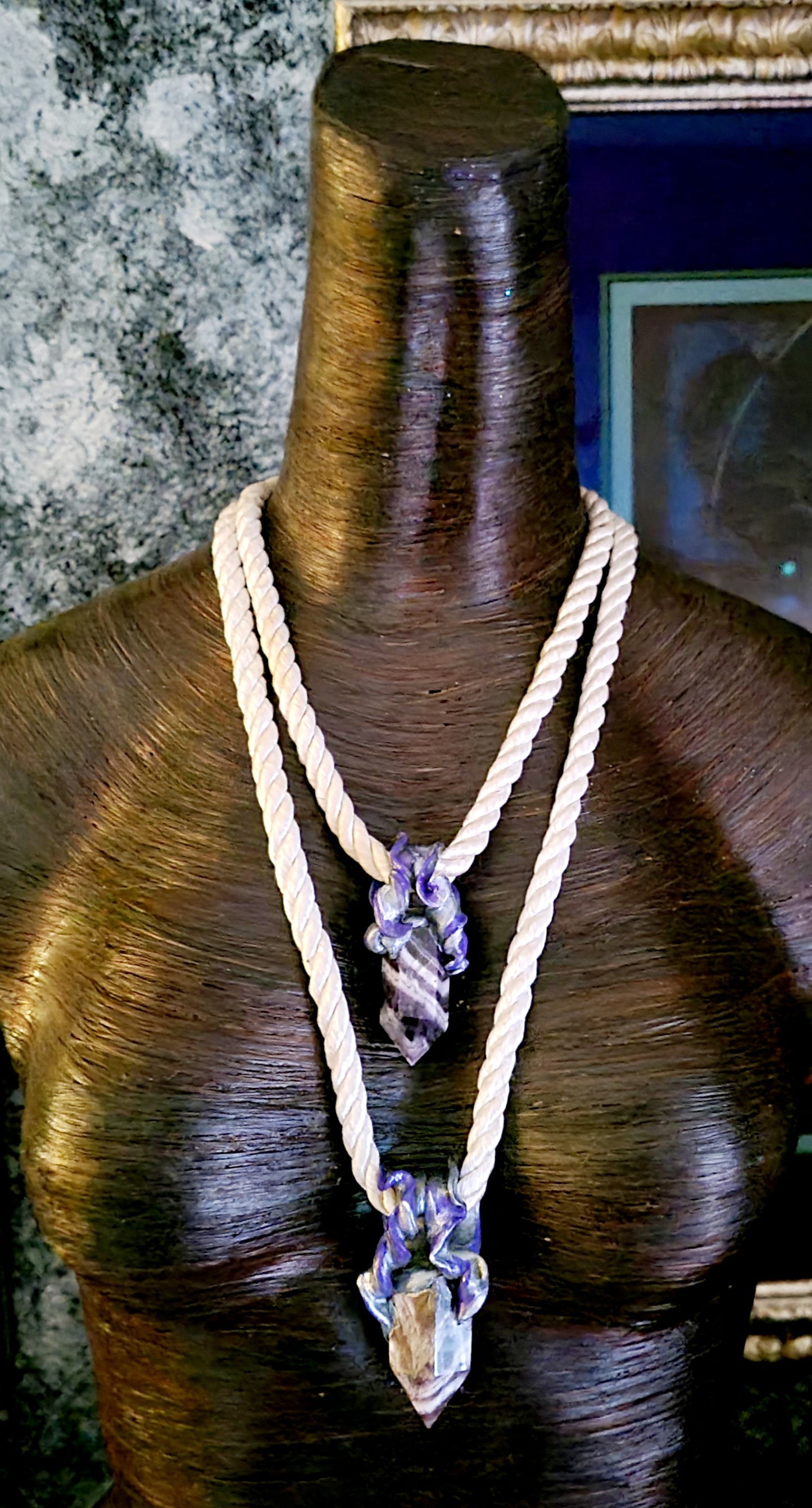 Chevron Amethyst Sculpted Point Silk Rope Amulet, Sculpted Gemstone Point Chest Piece, Jeans Jewelry for Petite Women, LGBTQ+ Bohemian Chest Piece