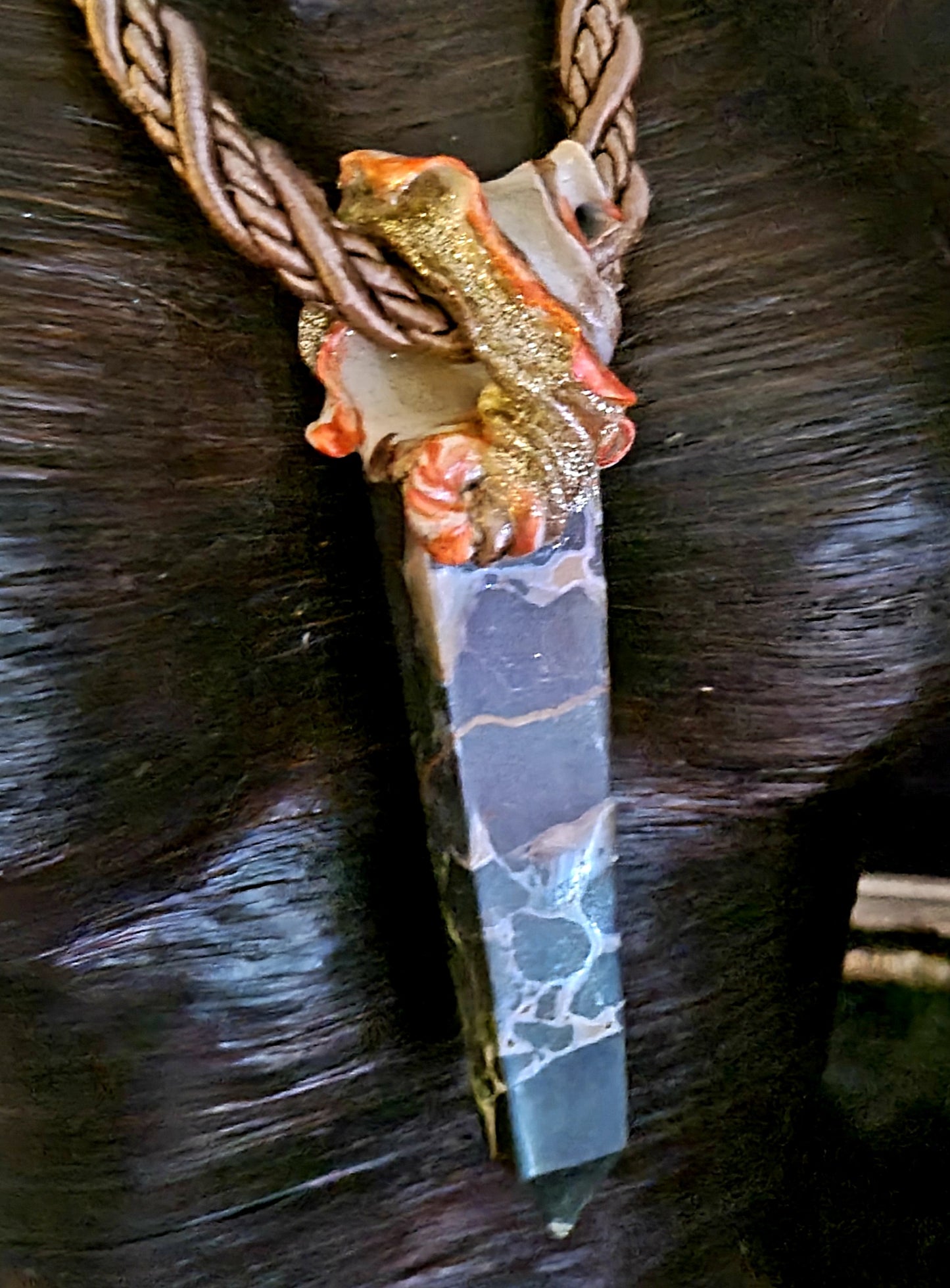 Rare Polka Dot Jasper Sculpted Obelisk, Earth Tone Gemstone Tower Rope Pendant Unisex, Autumn Wardrobe Jewelry, Pagan Talisman with Silk Rope