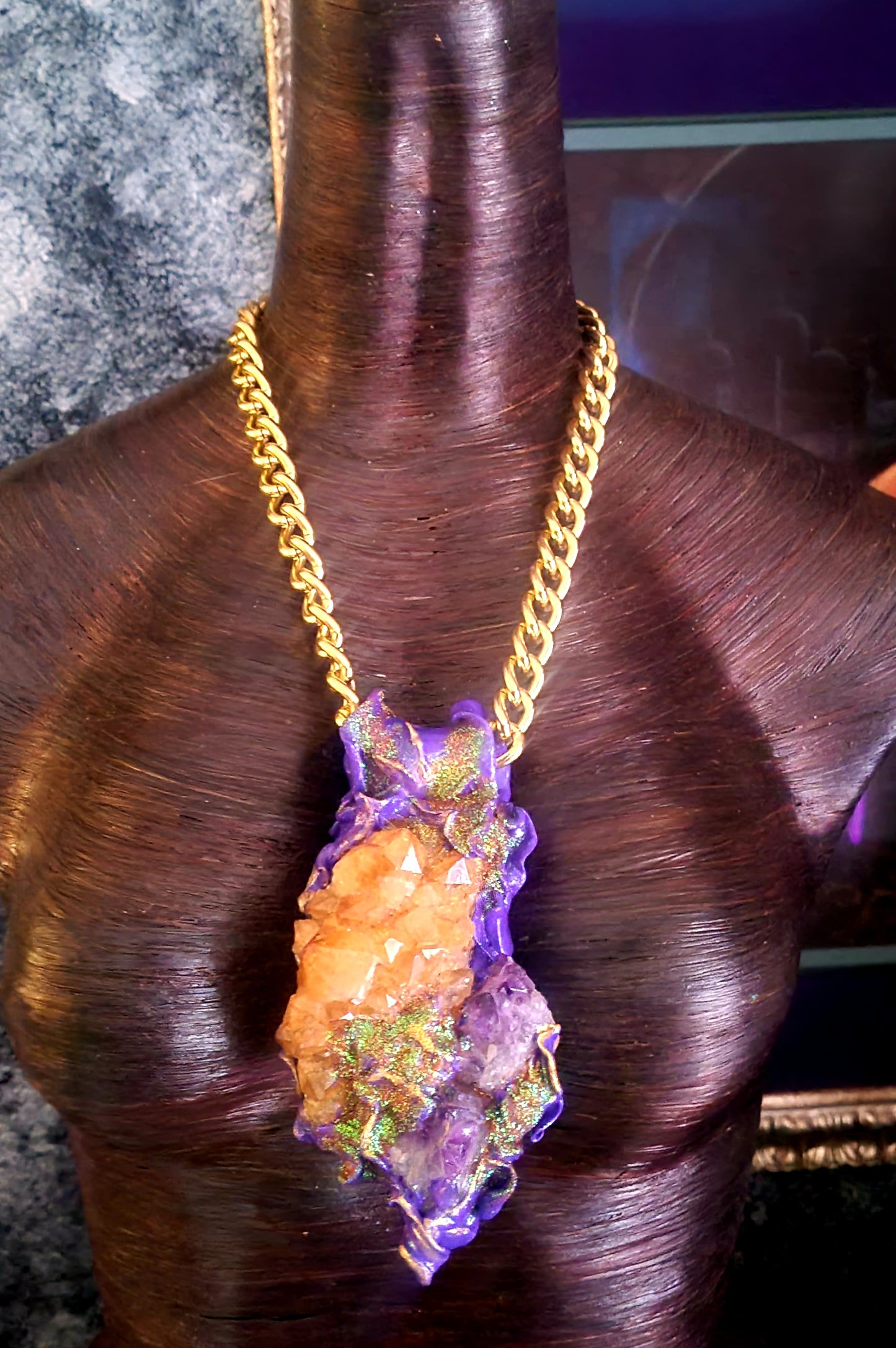 Rough Amethyst & Citrine Sculpted Statement Pendant, Purple and Orange Crystal Gemstone Amulet with Bold Gold Tone Chain