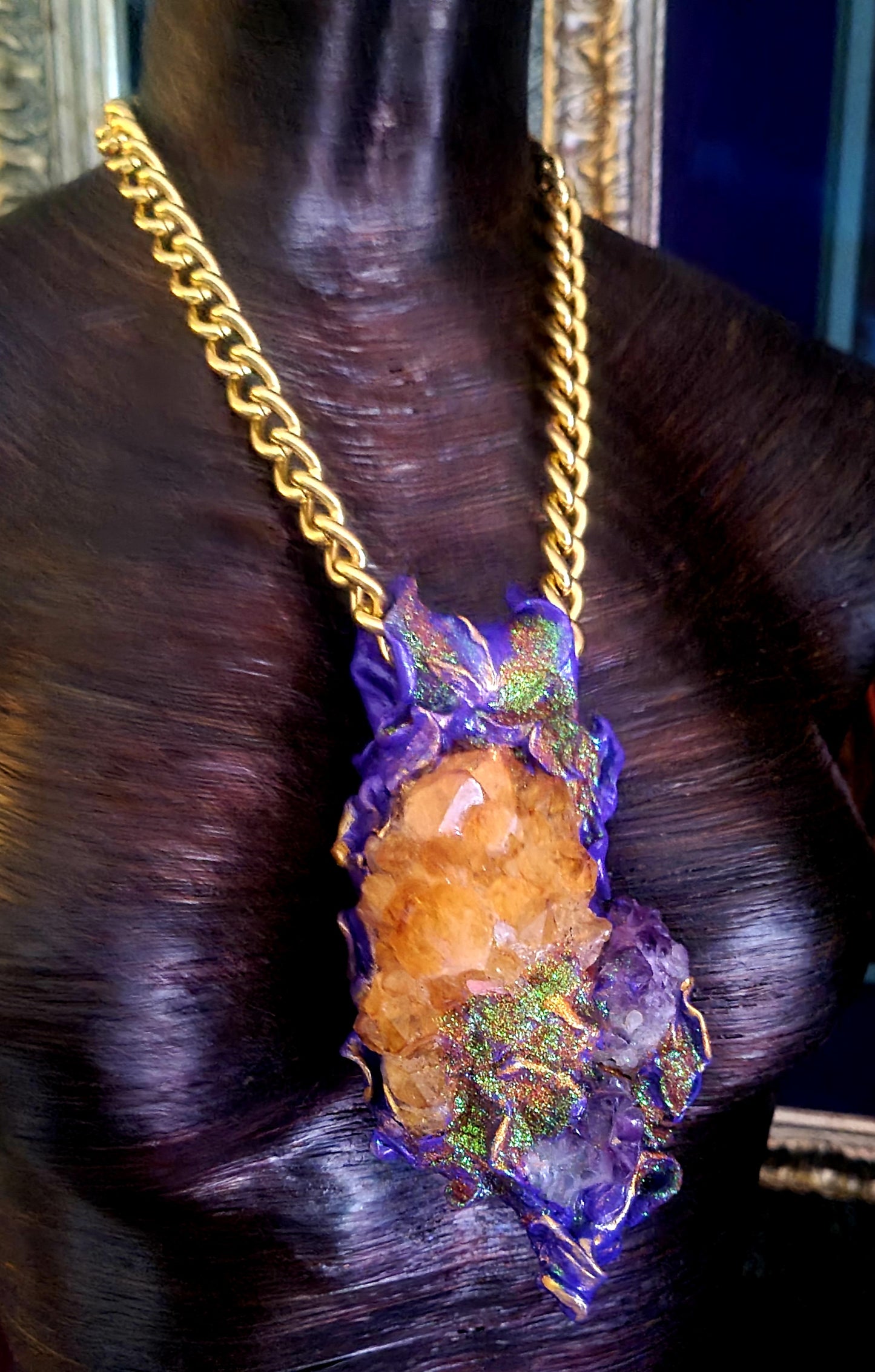 Rough Amethyst & Citrine Sculpted Statement Pendant, Purple and Orange Crystal Gemstone Amulet with Bold Gold Tone Chain