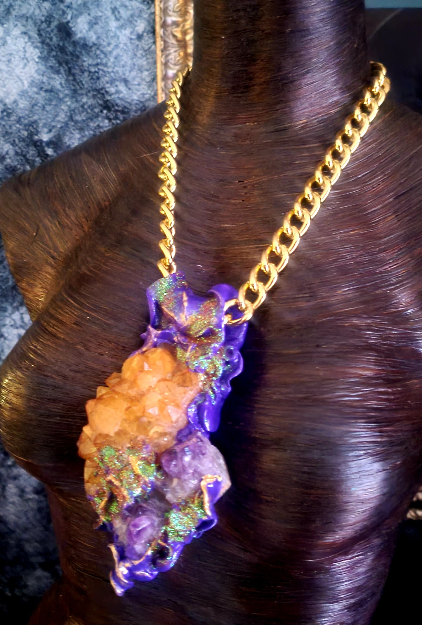 Rough Amethyst & Citrine Sculpted Statement Pendant, Purple and Orange Crystal Gemstone Amulet with Bold Gold Tone Chain