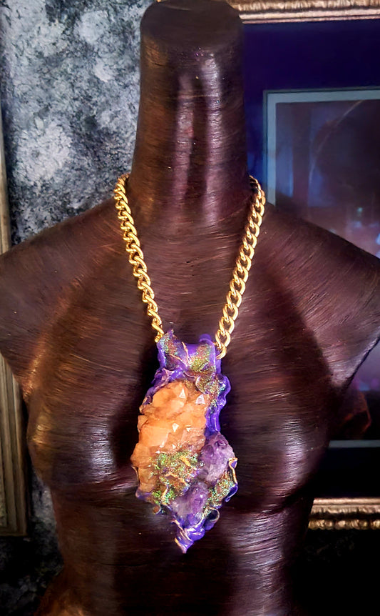 Rough Amethyst & Citrine Sculpted Statement Pendant, Purple and Orange Crystal Gemstone Amulet with Bold Gold Tone Chain