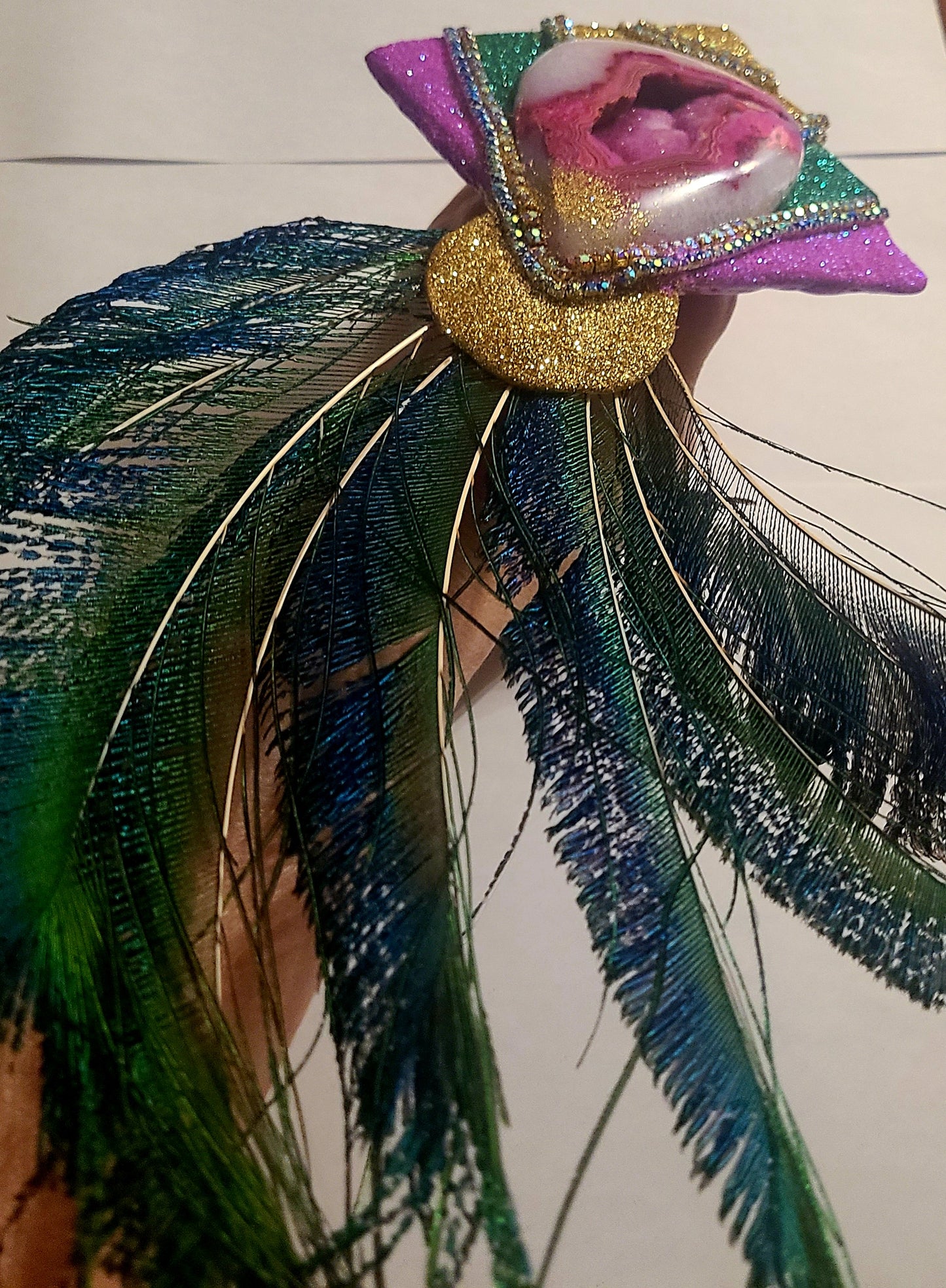 Extravagant Art Deco Sculpted Agate & Peacock Feather Ring - Over The Top Theatrical Hand Candy - Adjustable Showgirl Finger Candy - Kat Kouture Jewelry