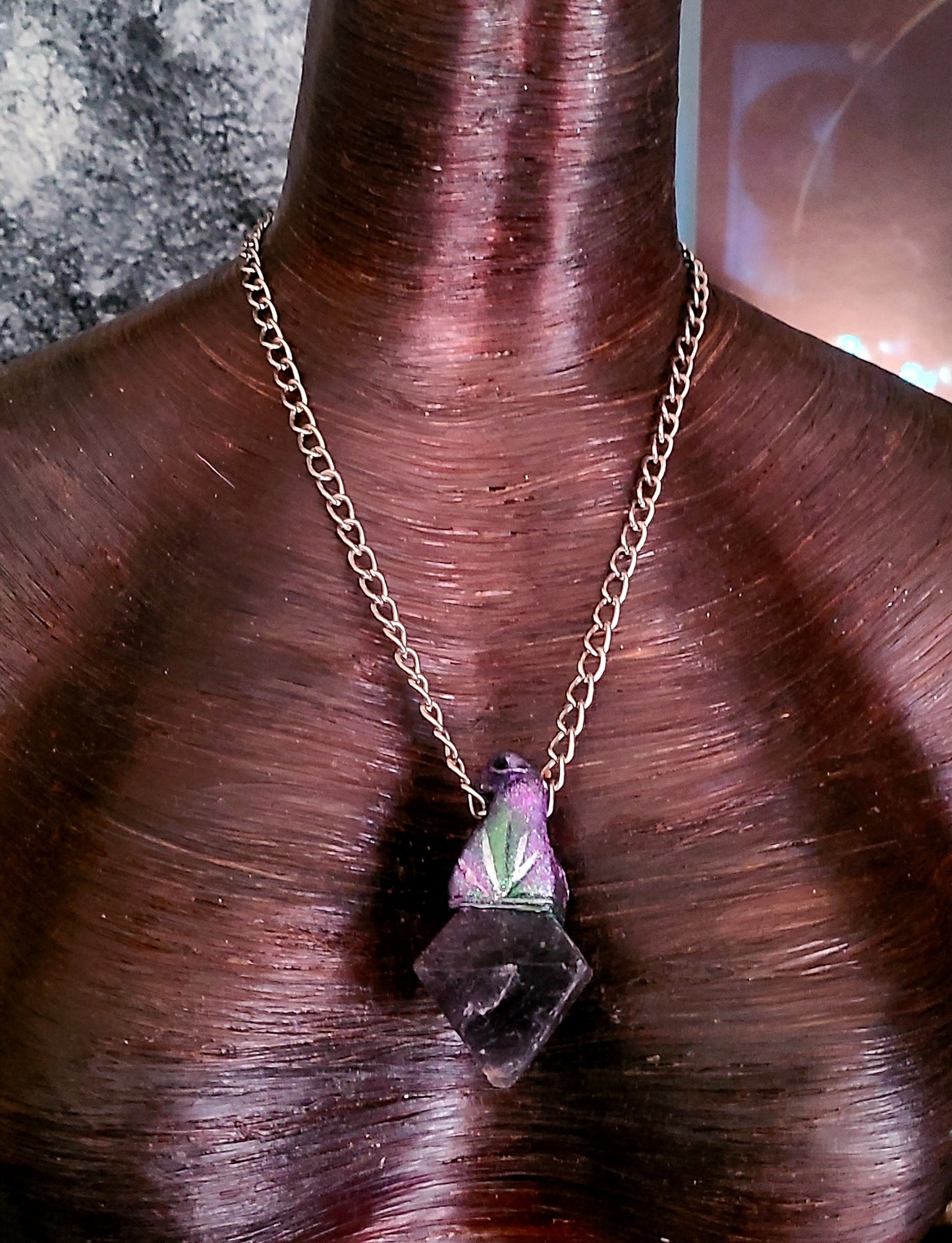 Sculpted Fluorite Octahedron Statement Pendant - Purple Crystal Unisex Amulet - Talisman for Petite Women - Jeans Jewelry - Kat Kouture Jewelry