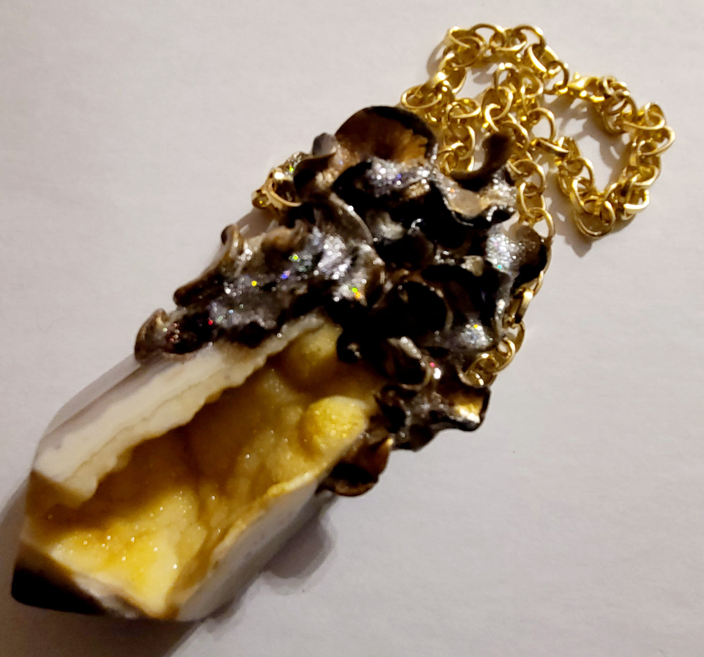 High End Druzy Agate Tower Sculpted Statement Pendant, Yellow Crystal Cave Unisex Amulet, Heavily Crystallized Druzy Gemstone Talisman for Men