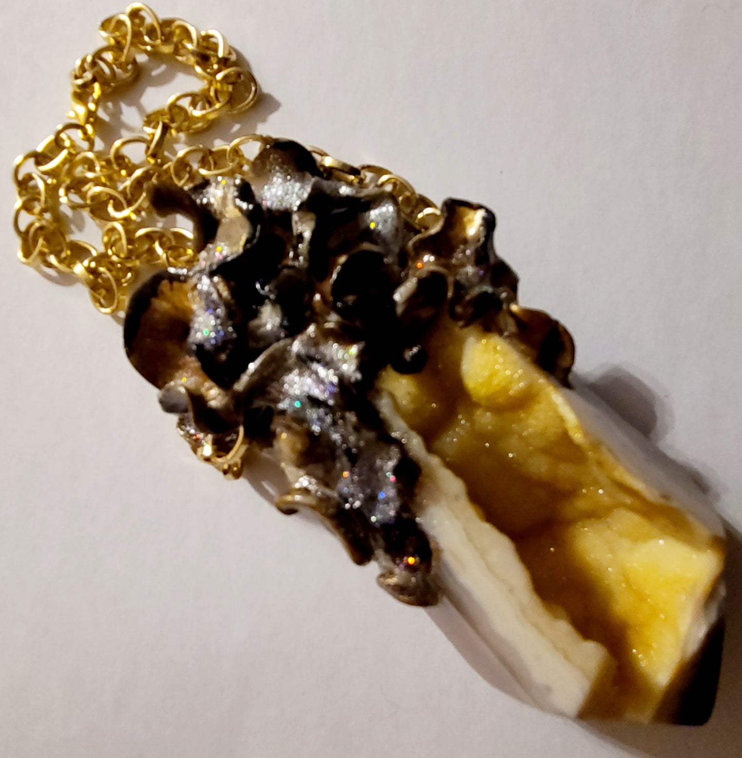 High End Druzy Agate Tower Sculpted Statement Pendant, Yellow Crystal Cave Unisex Amulet, Heavily Crystallized Druzy Gemstone Talisman for Men