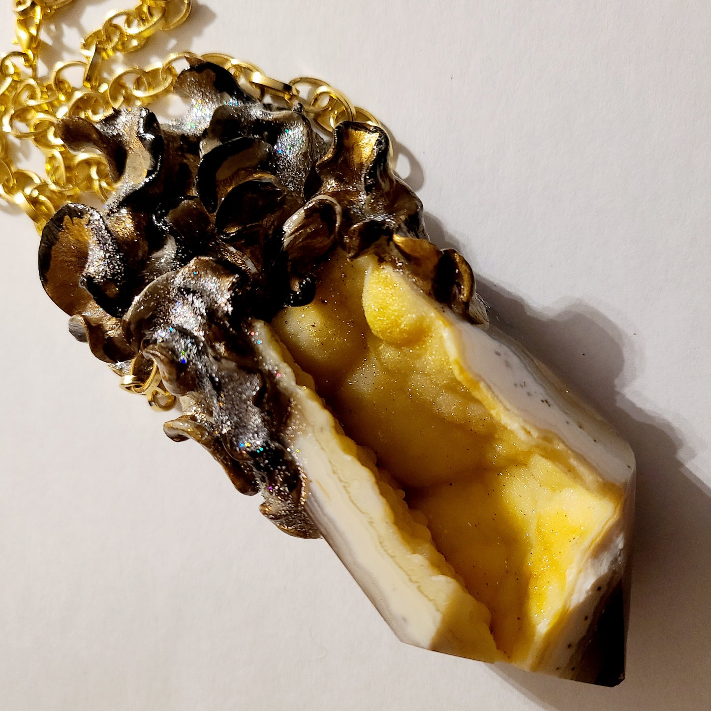 High End Druzy Agate Tower Sculpted Statement Pendant, Yellow Crystal Cave Unisex Amulet, Heavily Crystallized Druzy Gemstone Talisman for Men