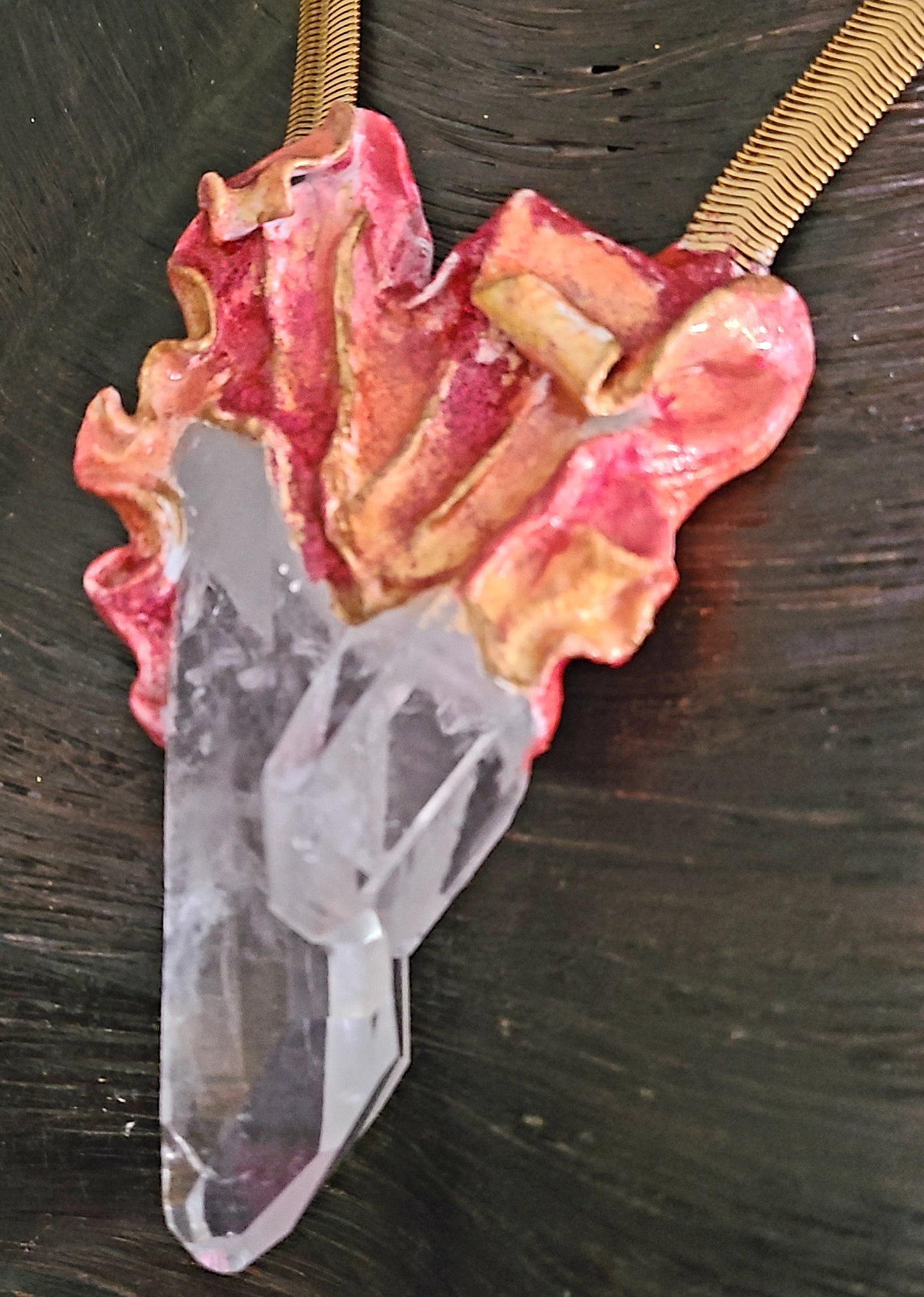 Luxury Rough Arkansas Quartz Point Sculpted Pendant With Vintage Snake Chain, Rough Clear Crystal Couture Talisman, High End Gemstone Neck Candy, Runway Ready Showstopper Amulet