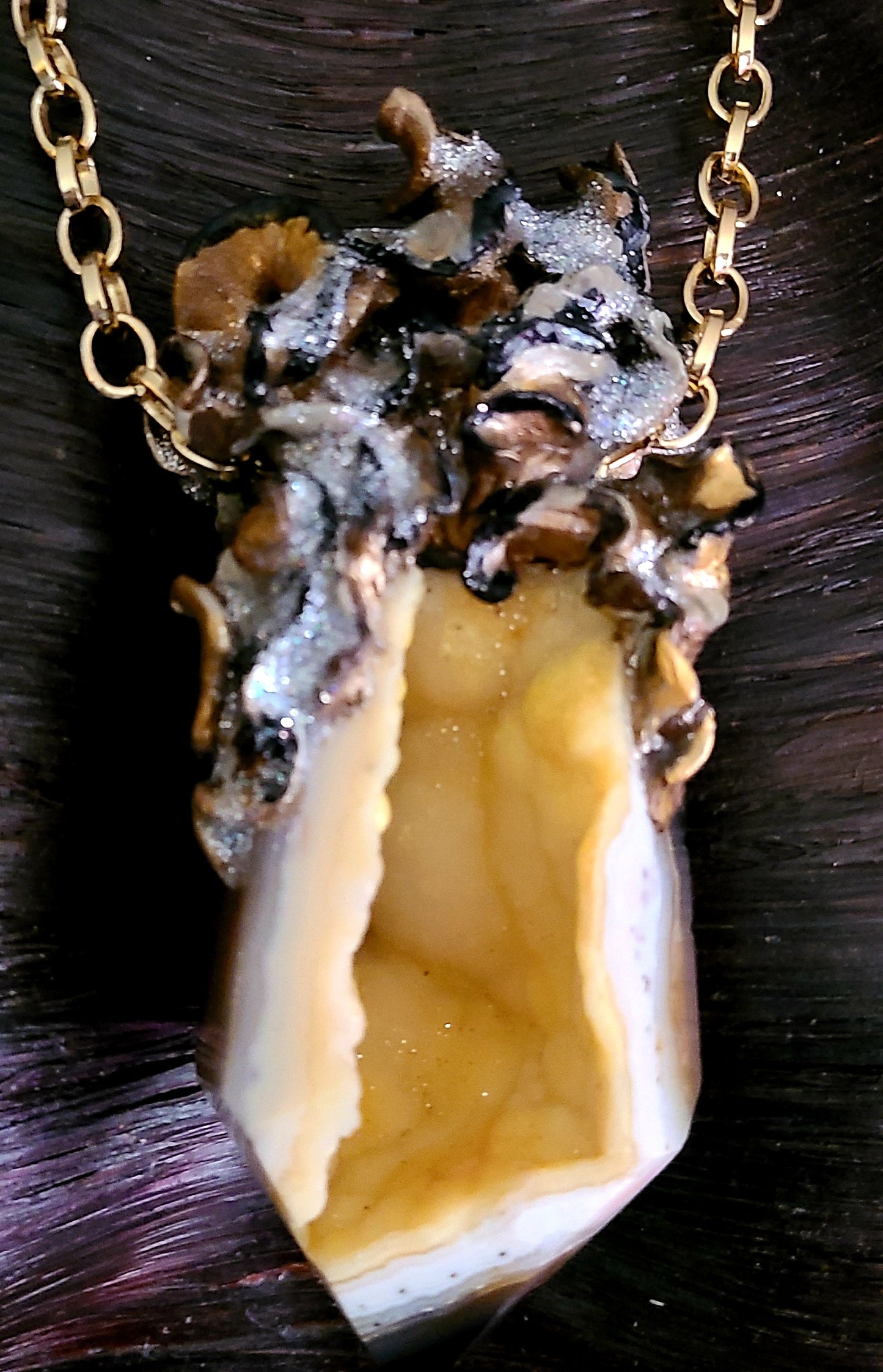 High End Druzy Agate Tower Sculpted Statement Pendant, Yellow Crystal Cave Unisex Amulet, Heavily Crystallized Druzy Gemstone Talisman for Men