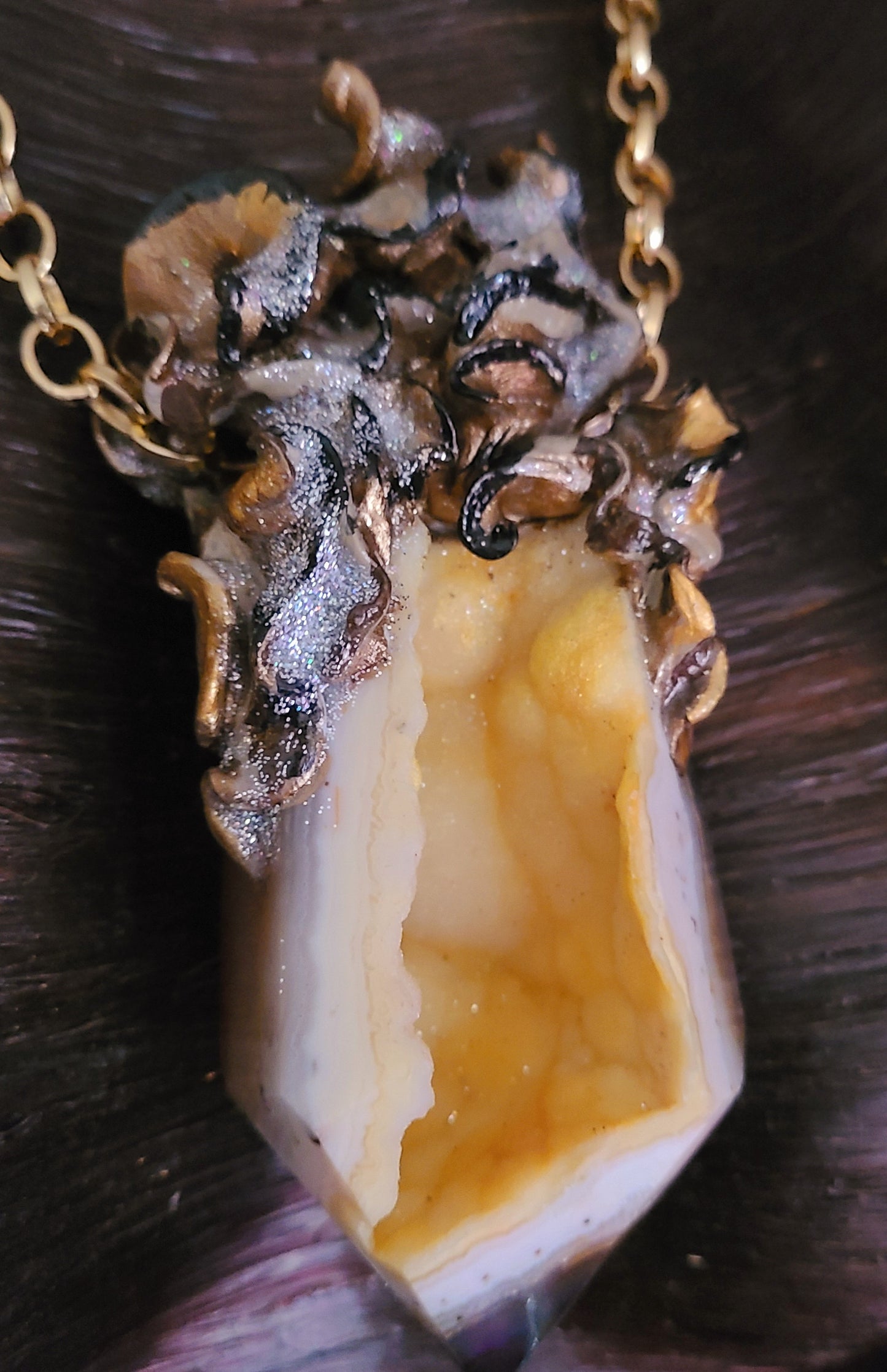 High End Druzy Agate Tower Sculpted Statement Pendant, Yellow Crystal Cave Unisex Amulet, Heavily Crystallized Druzy Gemstone Talisman for Men