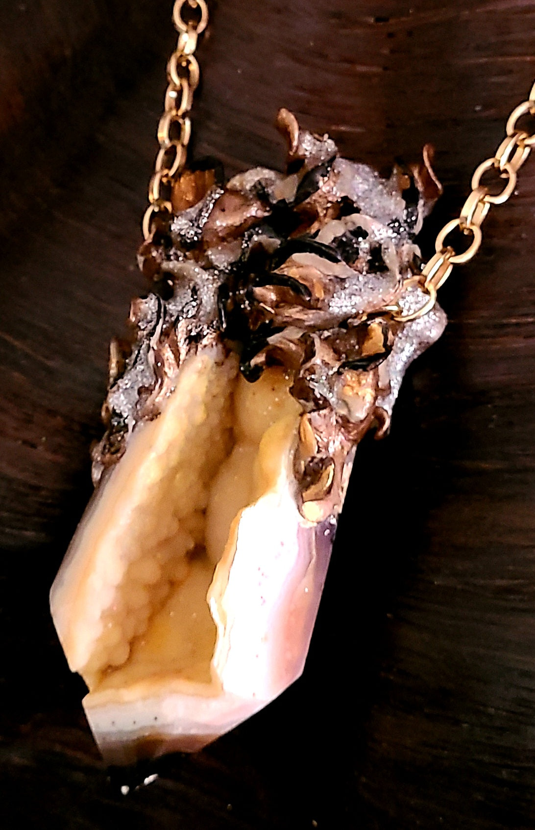 High End Druzy Agate Tower Sculpted Statement Pendant, Yellow Crystal Cave Unisex Amulet, Heavily Crystallized Druzy Gemstone Talisman for Men