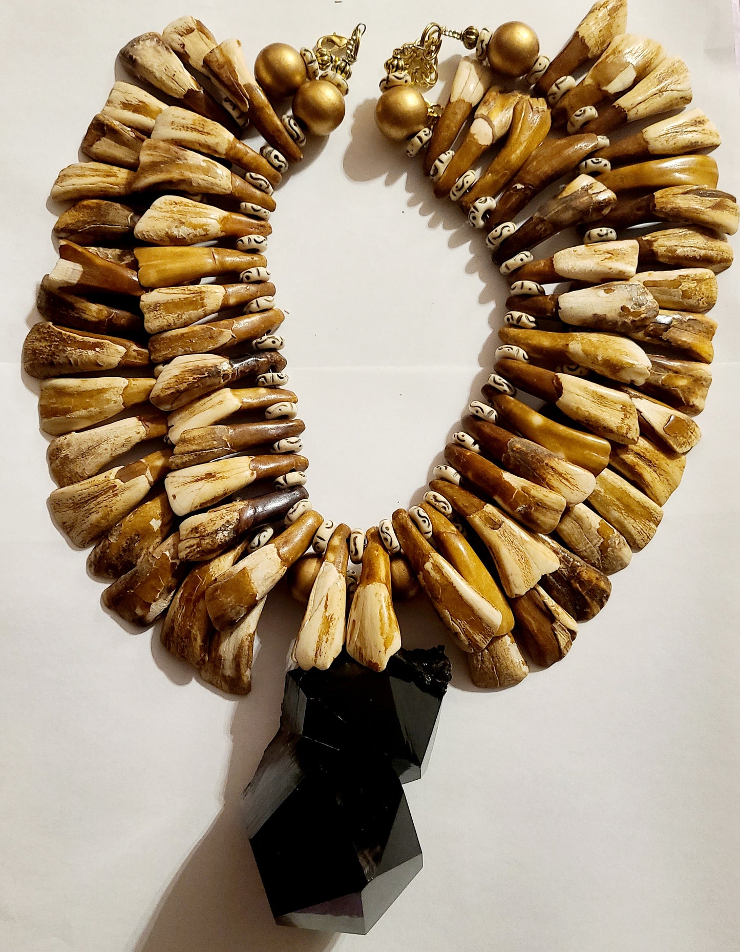 Gemmy Smoky Quartz & Buffalo Incisor Stained Tooth Statement Necklace - Avant Garde Wild and Exotic Earth Tone Neck Candy - Haute Couture Tribal Chest Piece - Kat Kouture Jewelry