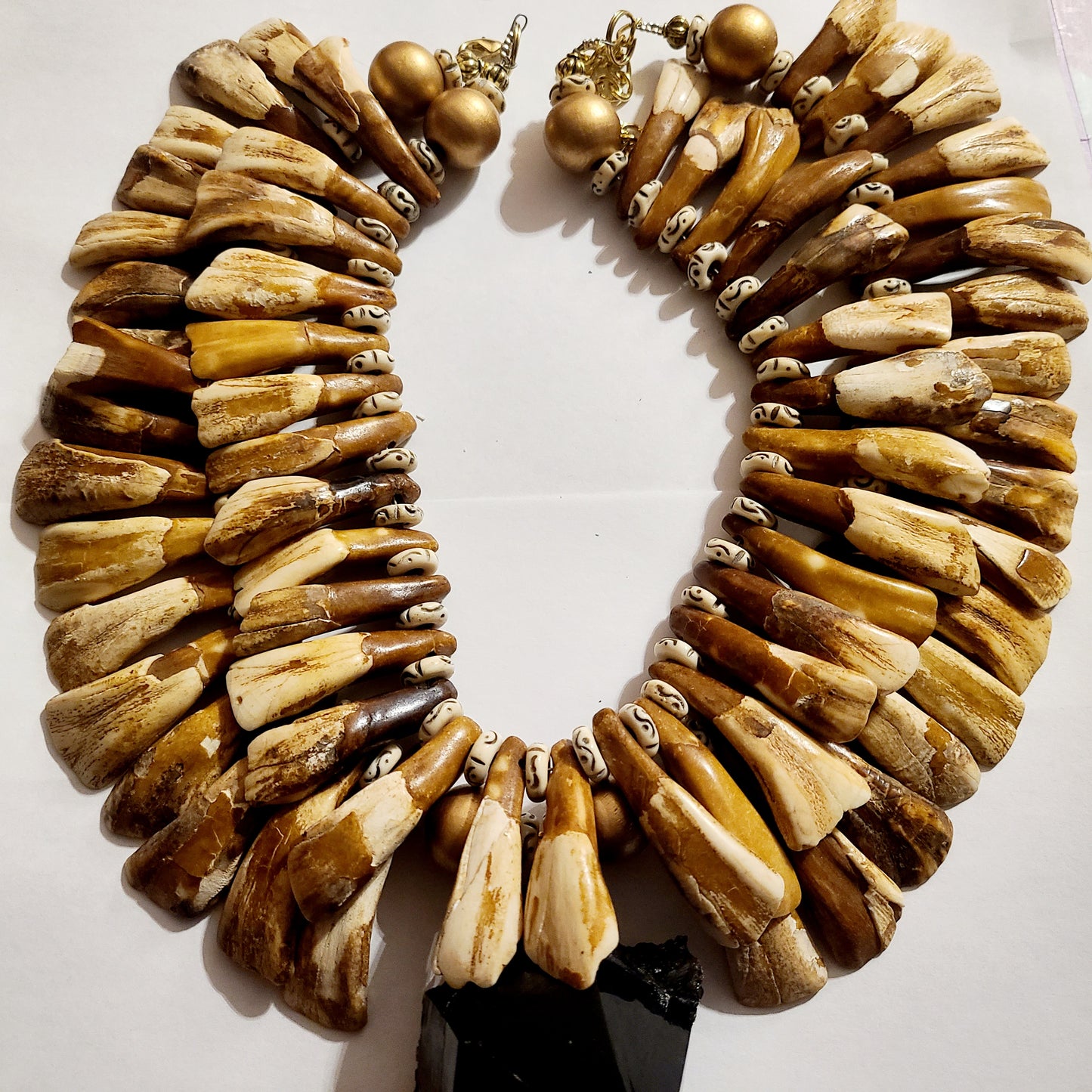 Gemmy Smoky Quartz & Buffalo Incisor Stained Tooth Statement Necklace - Avant Garde Wild and Exotic Earth Tone Neck Candy - Haute Couture Tribal Chest Piece - Kat Kouture Jewelry