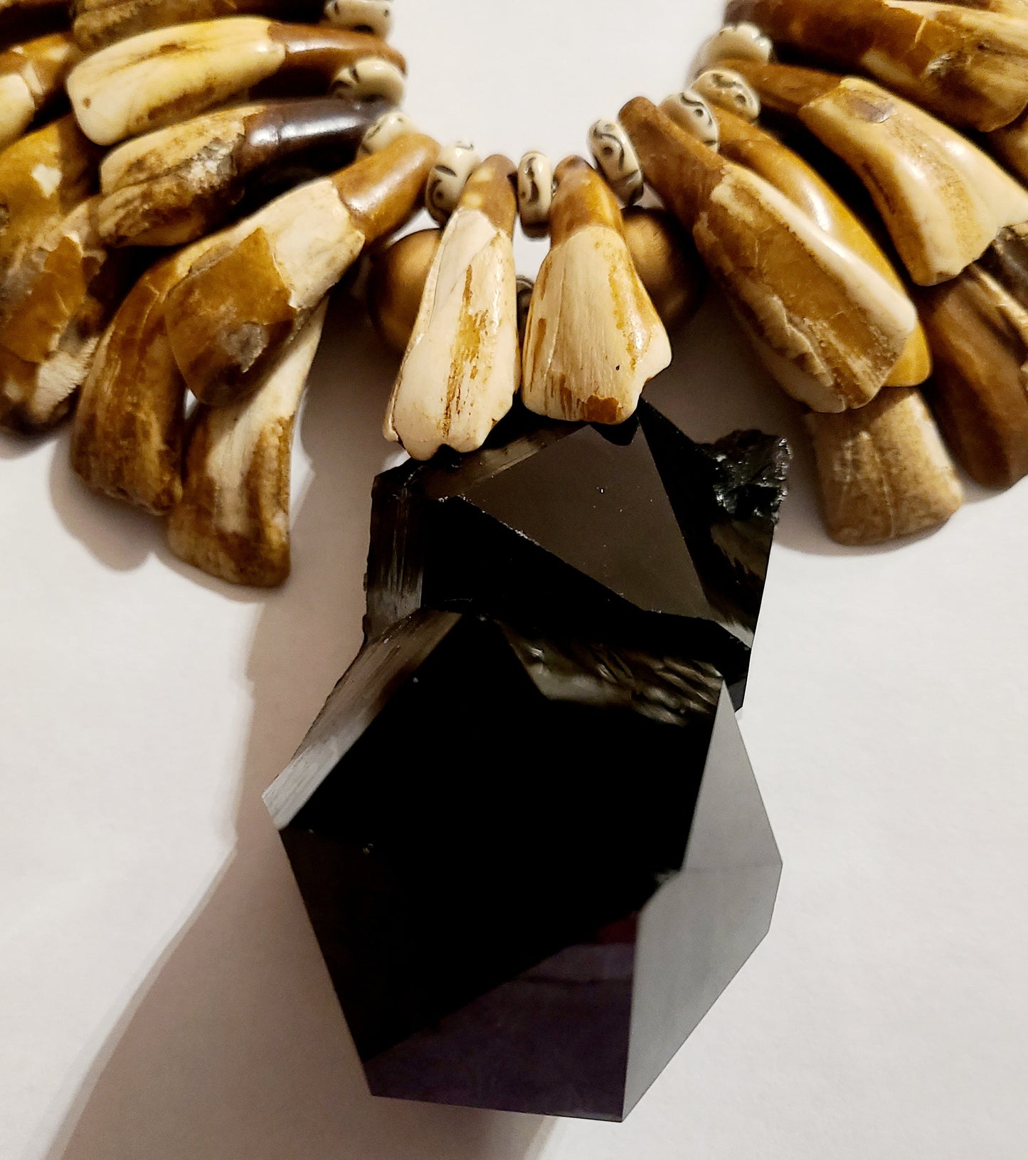 Gemmy Smoky Quartz & Buffalo Incisor Stained Tooth Statement Necklace - Avant Garde Wild and Exotic Earth Tone Neck Candy - Haute Couture Tribal Chest Piece - Kat Kouture Jewelry