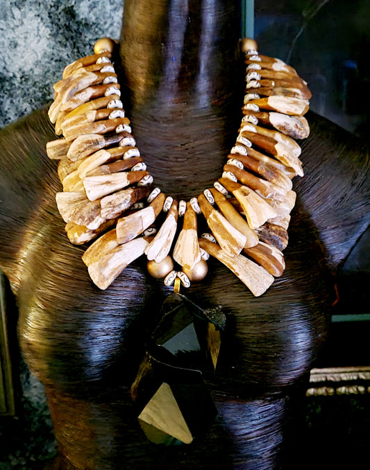 Gemmy Smoky Quartz & Buffalo Incisor Stained Tooth Statement Necklace - Avant Garde Wild and Exotic Earth Tone Neck Candy - Haute Couture Tribal Chest Piece - Kat Kouture Jewelry