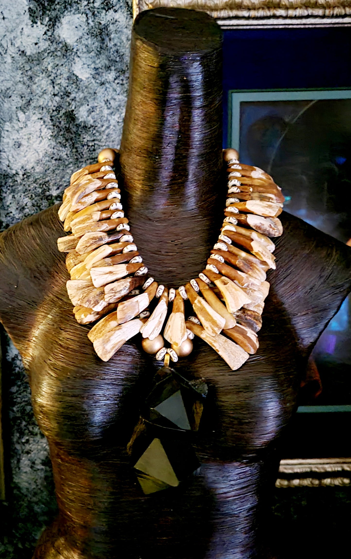 Gemmy Smoky Quartz & Buffalo Incisor Stained Tooth Statement Necklace - Avant Garde Wild and Exotic Earth Tone Neck Candy - Haute Couture Tribal Chest Piece - Kat Kouture Jewelry