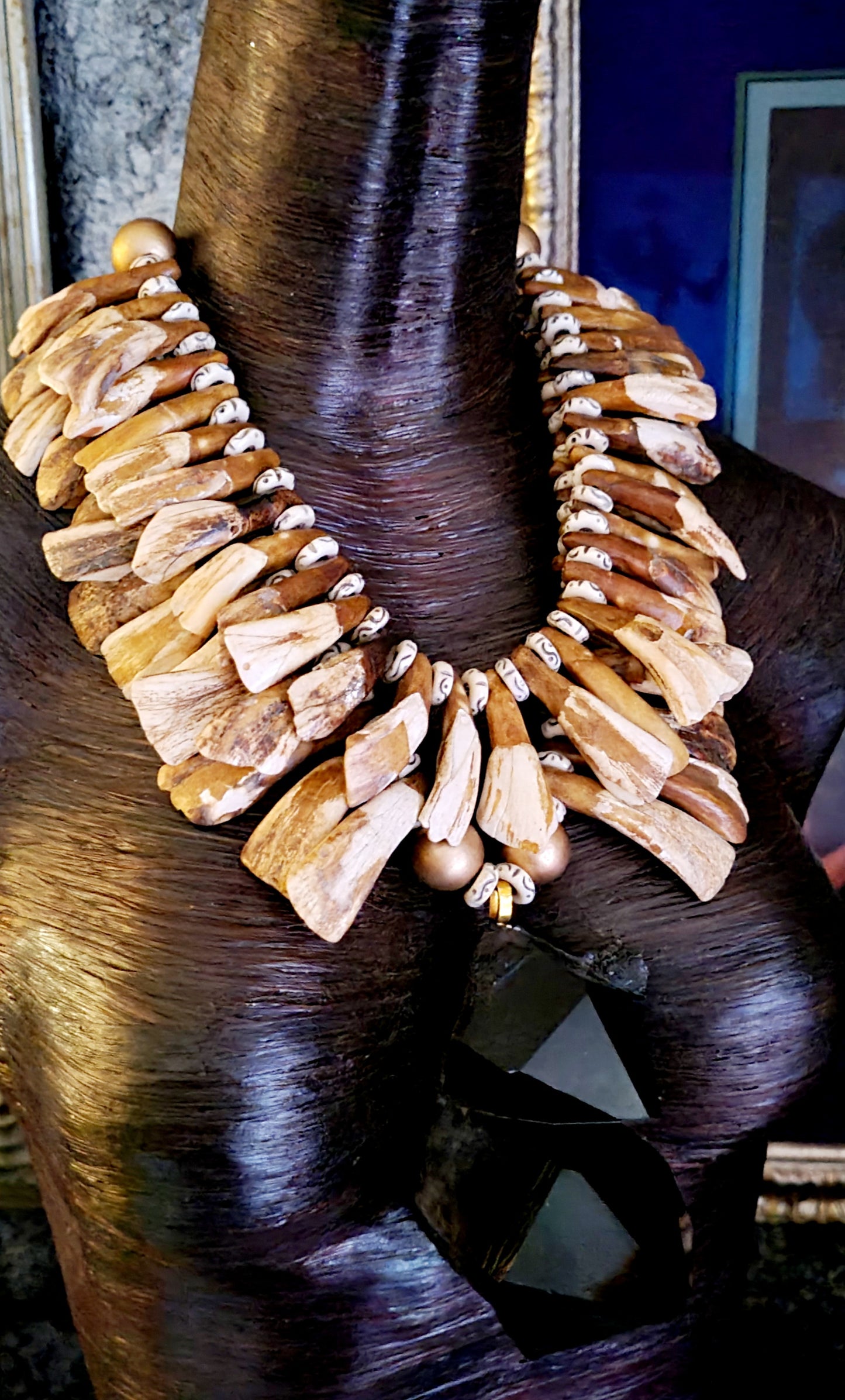 Gemmy Smoky Quartz & Buffalo Incisor Stained Tooth Statement Necklace - Avant Garde Wild and Exotic Earth Tone Neck Candy - Haute Couture Tribal Chest Piece - Kat Kouture Jewelry