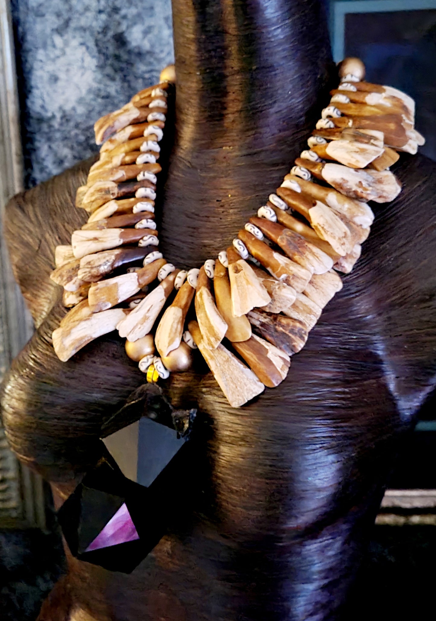 Gemmy Smoky Quartz & Buffalo Incisor Stained Tooth Statement Necklace - Avant Garde Wild and Exotic Earth Tone Neck Candy - Haute Couture Tribal Chest Piece - Kat Kouture Jewelry