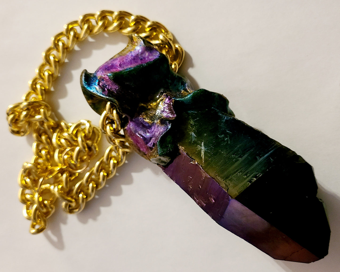 Jewel Tone Quartz Sculpted Pendant With Bold Gold Tone Chain - Titanium Quartz Rainbow Crystal Unisex Amulet - Kat Kouture Jewelry - Boho Couture Amulet