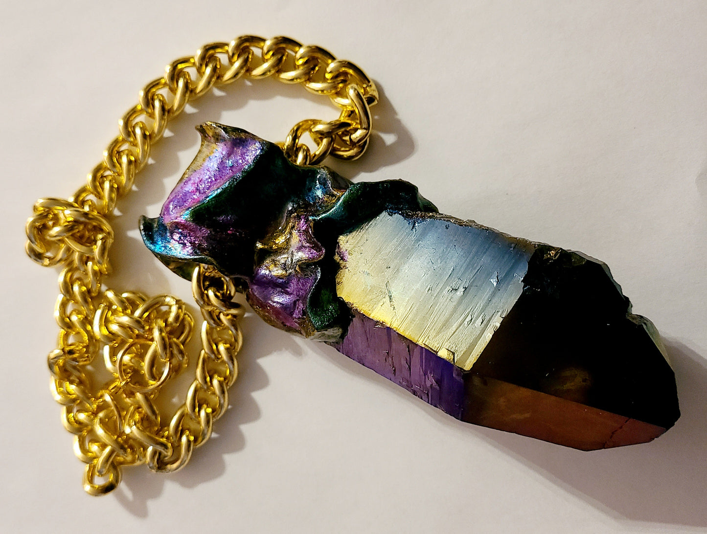 Jewel Tone Quartz Sculpted Pendant With Bold Gold Tone Chain - Titanium Quartz Rainbow Crystal Unisex Amulet - Kat Kouture Jewelry - Boho Couture Amulet