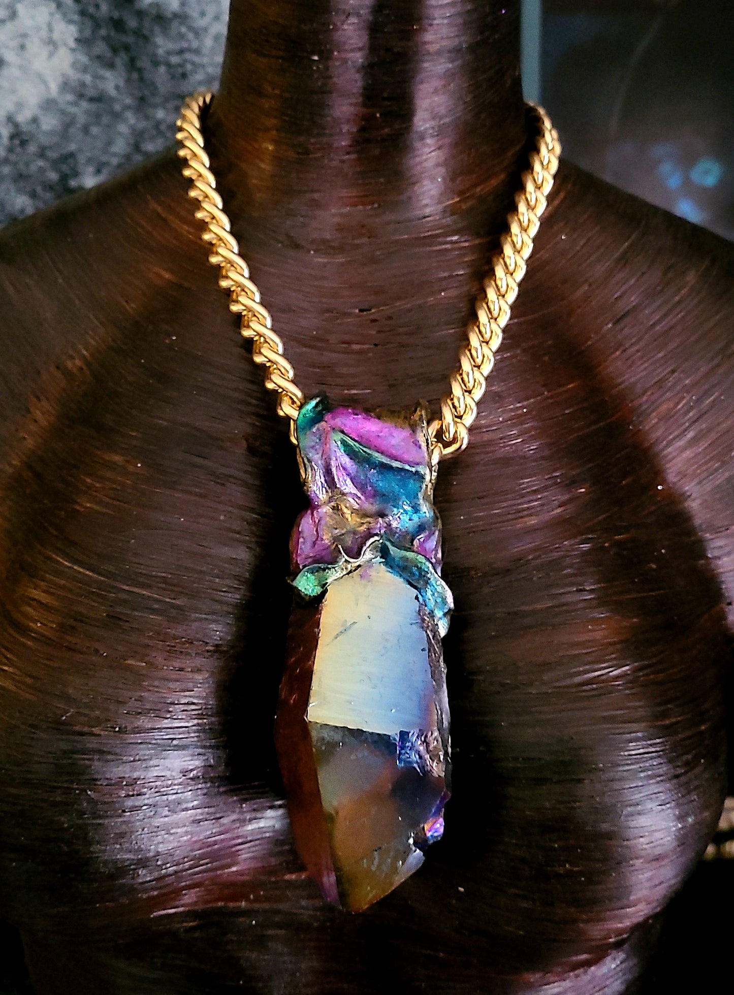 Jewel Tone Quartz Sculpted Pendant With Bold Gold Tone Chain - Titanium Quartz Rainbow Crystal Unisex Amulet - Kat Kouture Jewelry - Boho Couture Amulet