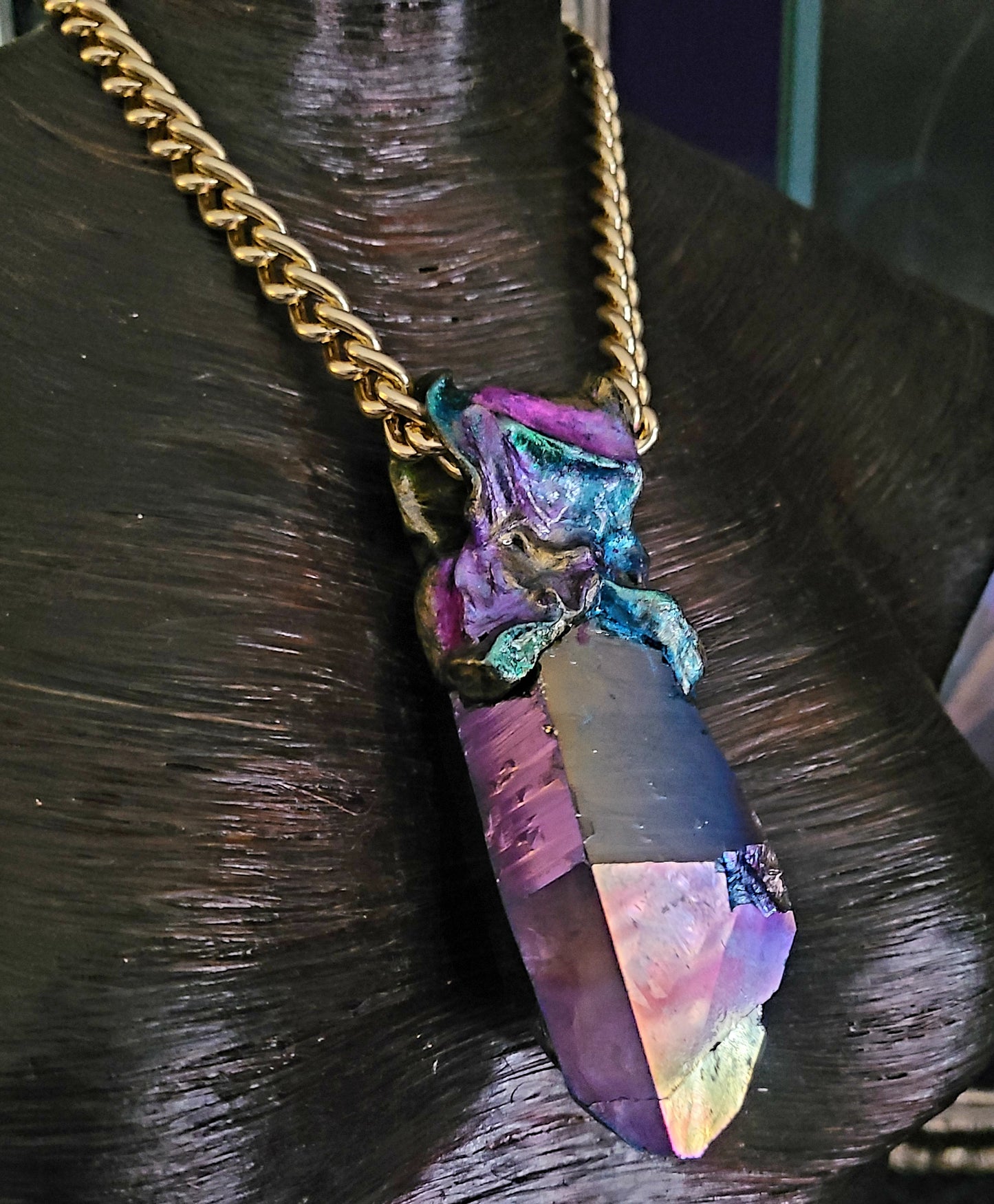 Jewel Tone Quartz Sculpted Pendant With Bold Gold Tone Chain - Titanium Quartz Rainbow Crystal Unisex Amulet - Kat Kouture Jewelry - Boho Couture Amulet