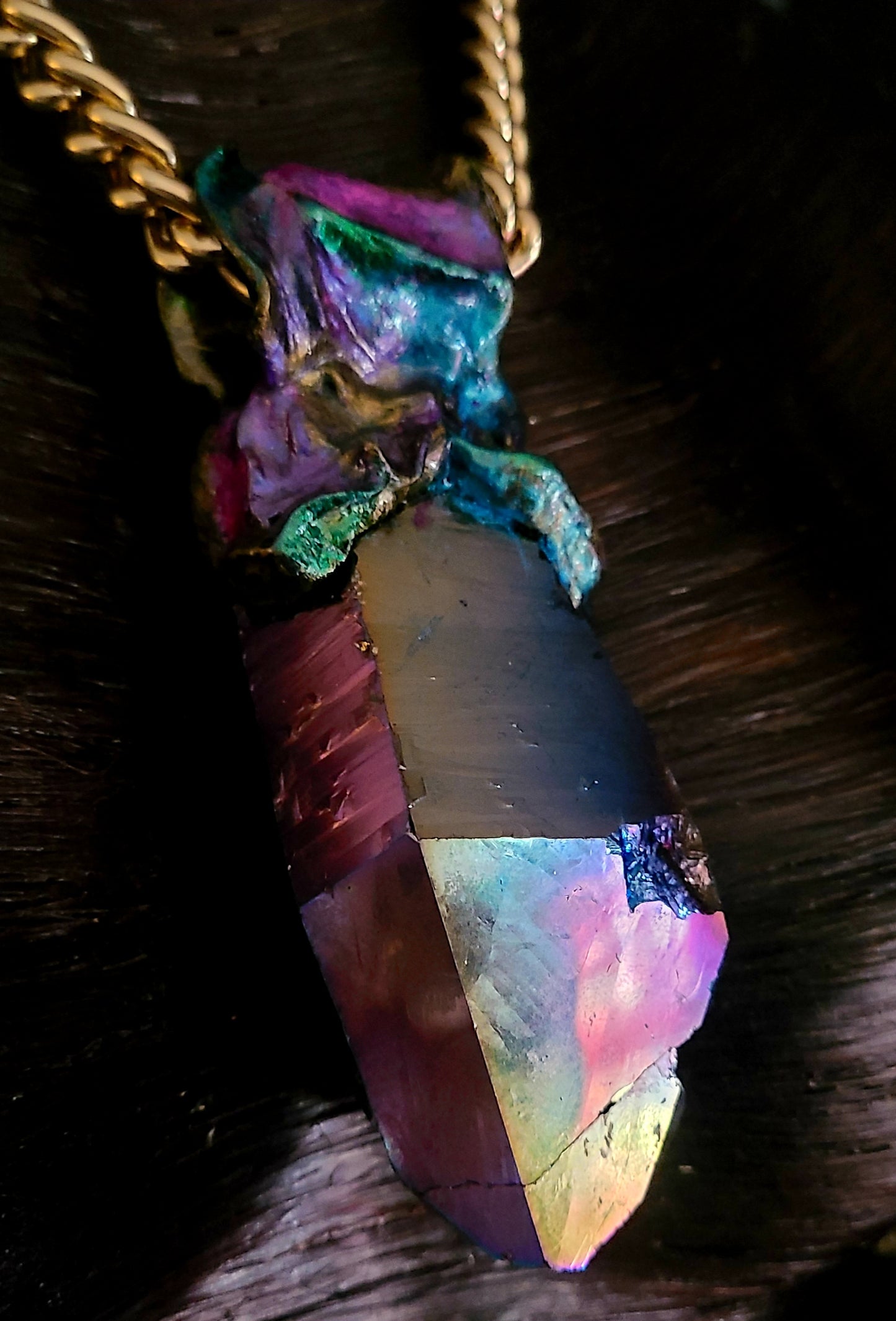 Jewel Tone Quartz Sculpted Pendant With Bold Gold Tone Chain - Titanium Quartz Rainbow Crystal Unisex Amulet - Kat Kouture Jewelry - Boho Couture Amulet