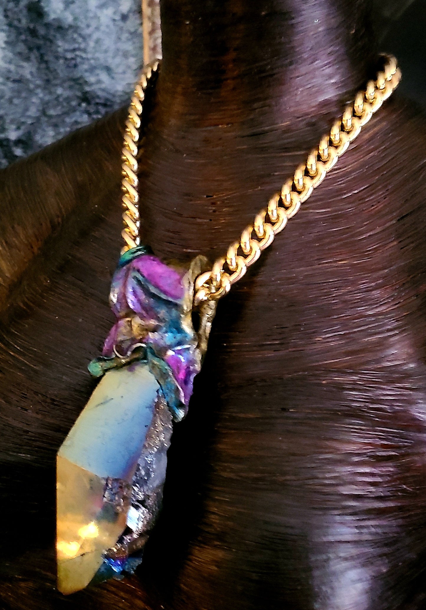 Jewel Tone Quartz Sculpted Pendant With Bold Gold Tone Chain - Titanium Quartz Rainbow Crystal Unisex Amulet - Kat Kouture Jewelry - Boho Couture Amulet