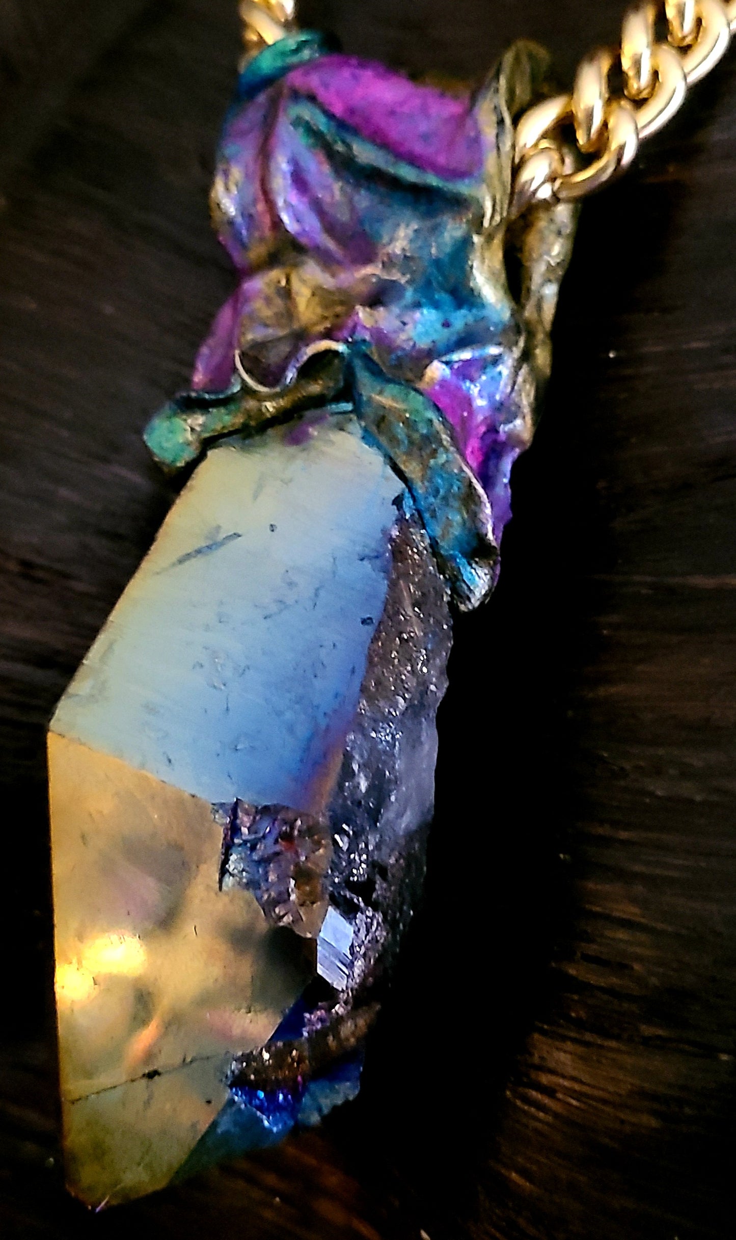 Jewel Tone Quartz Sculpted Pendant With Bold Gold Tone Chain - Titanium Quartz Rainbow Crystal Unisex Amulet - Kat Kouture Jewelry - Boho Couture Amulet