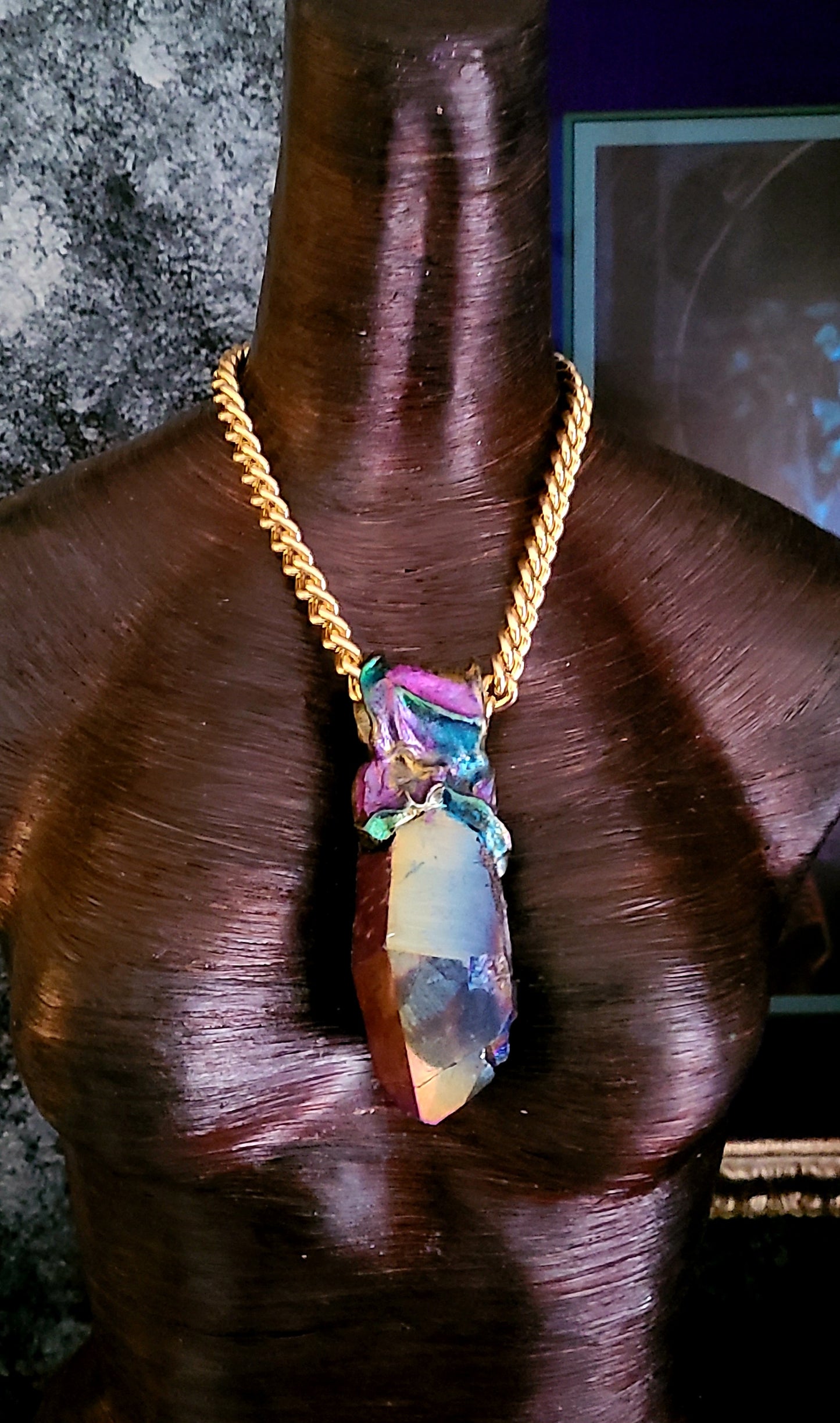 Jewel Tone Quartz Sculpted Pendant With Bold Gold Tone Chain - Titanium Quartz Rainbow Crystal Unisex Amulet - Kat Kouture Jewelry - Boho Couture Amulet