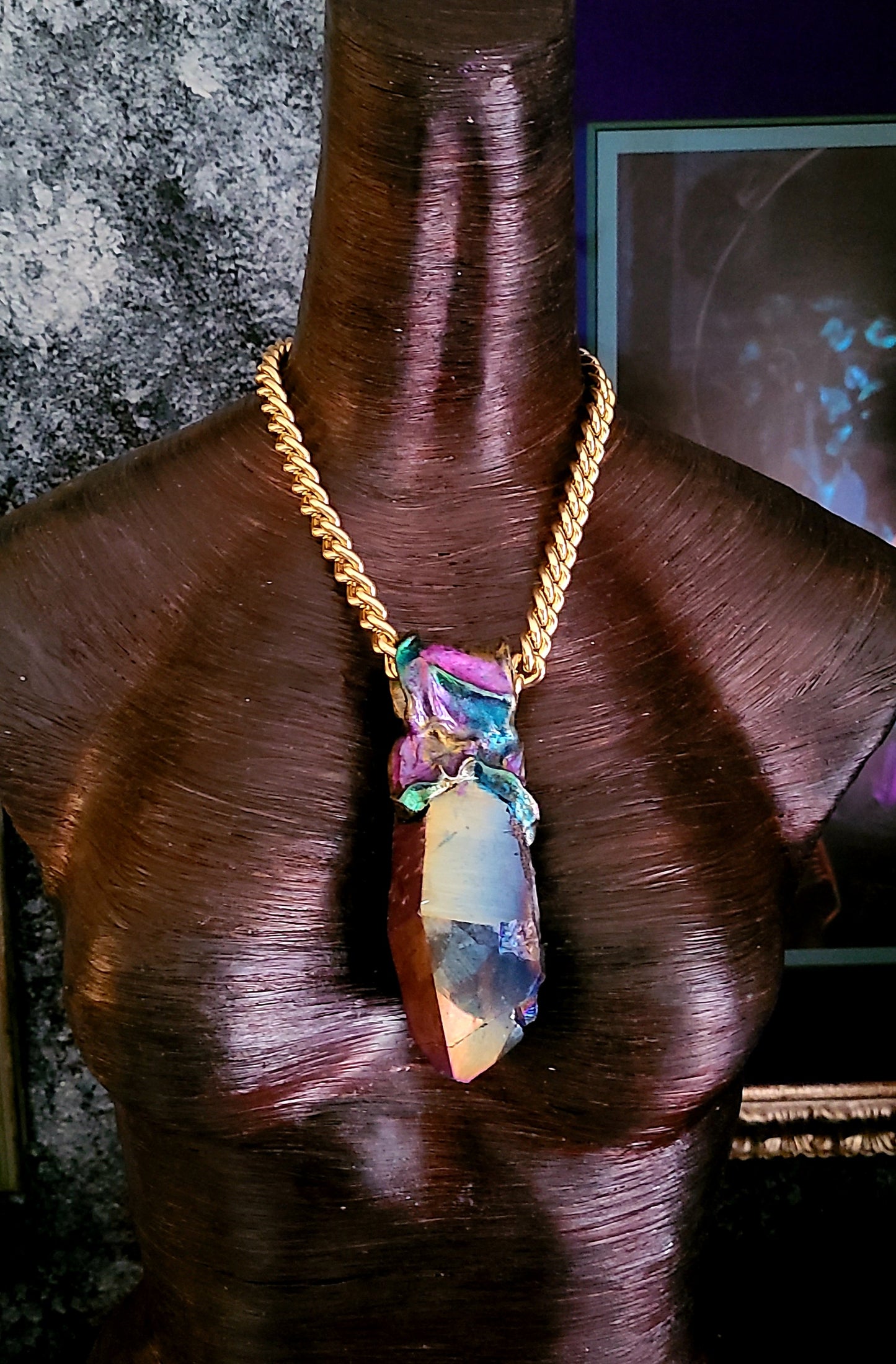 Jewel Tone Quartz Sculpted Pendant With Bold Gold Tone Chain - Titanium Quartz Rainbow Crystal Unisex Amulet - Kat Kouture Jewelry - Boho Couture Amulet