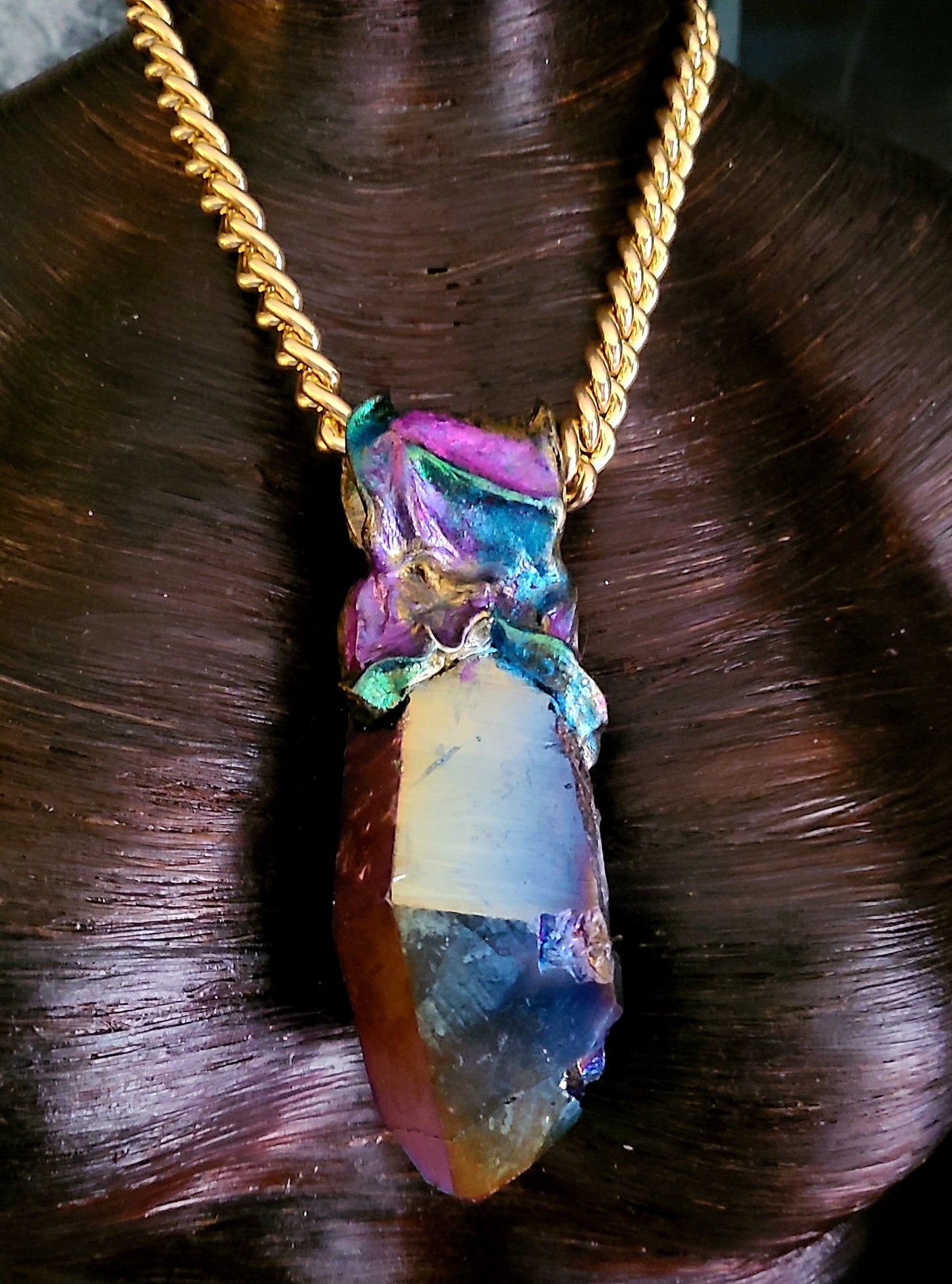 Jewel Tone Quartz Sculpted Pendant With Bold Gold Tone Chain - Titanium Quartz Rainbow Crystal Unisex Amulet - Kat Kouture Jewelry - Boho Couture Amulet