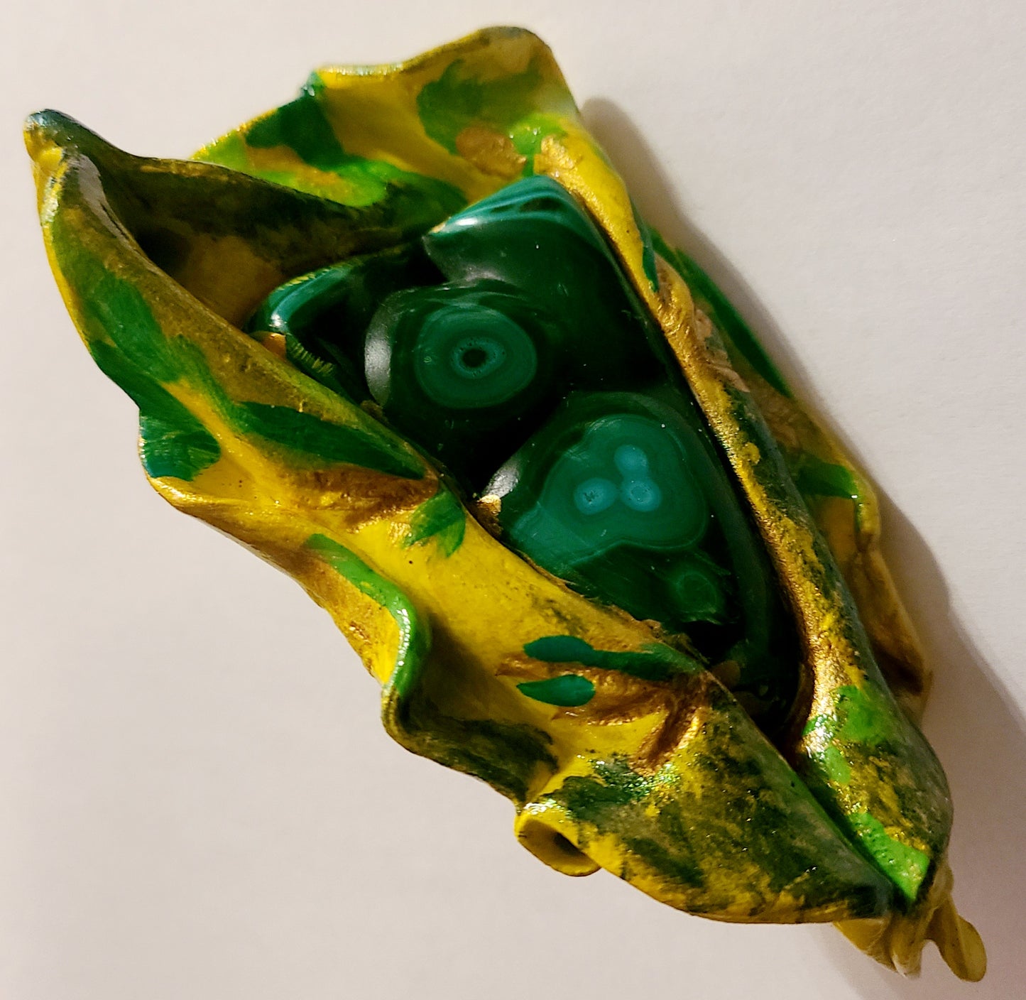 Hand Sculpted Yoni Ring with Polished Malachite Stone, Green Yellow & Gold Sensuous Adjustable Hand Ring, Haute Couture Runway Ready Finger Candy