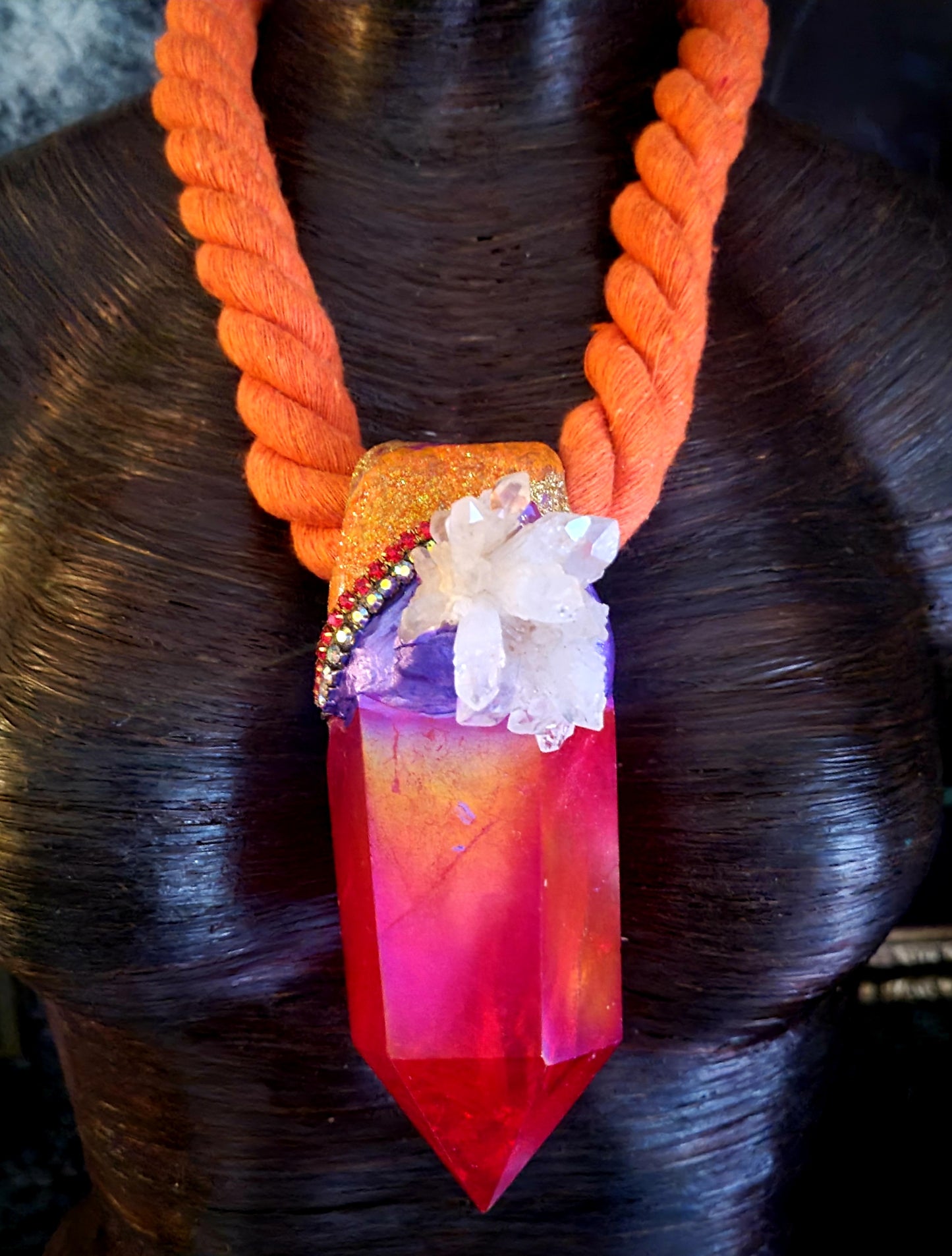 Red Aura Quartz Sculpted Rope Pendant On Orange Rope - Orange Purple Red Talisman with Flower Quartz Chest Piece - Kat Kouture Jewelry