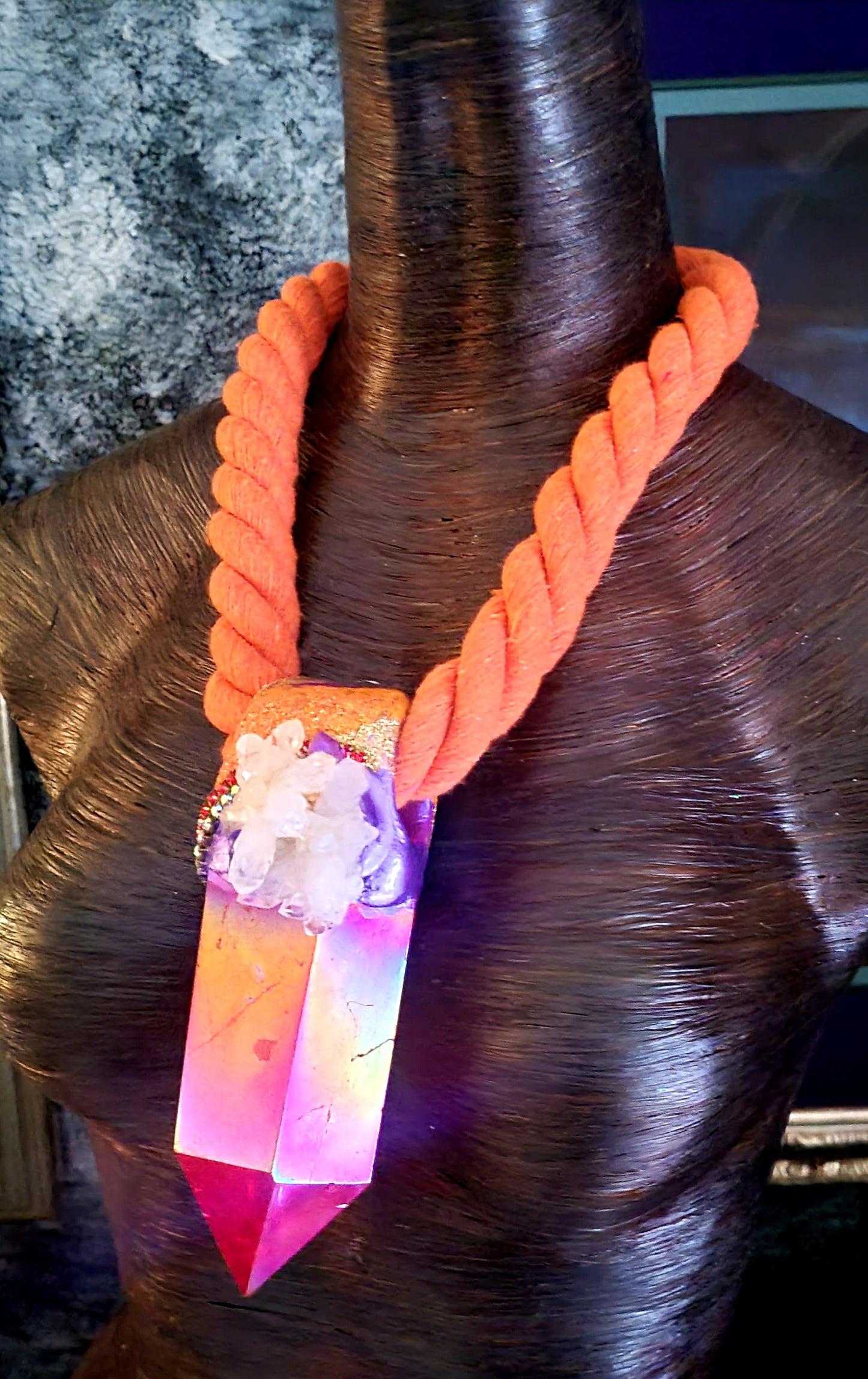 Red Aura Quartz Sculpted Rope Pendant On Orange Rope - Orange Purple Red Talisman with Flower Quartz Chest Piece - Kat Kouture Jewelry