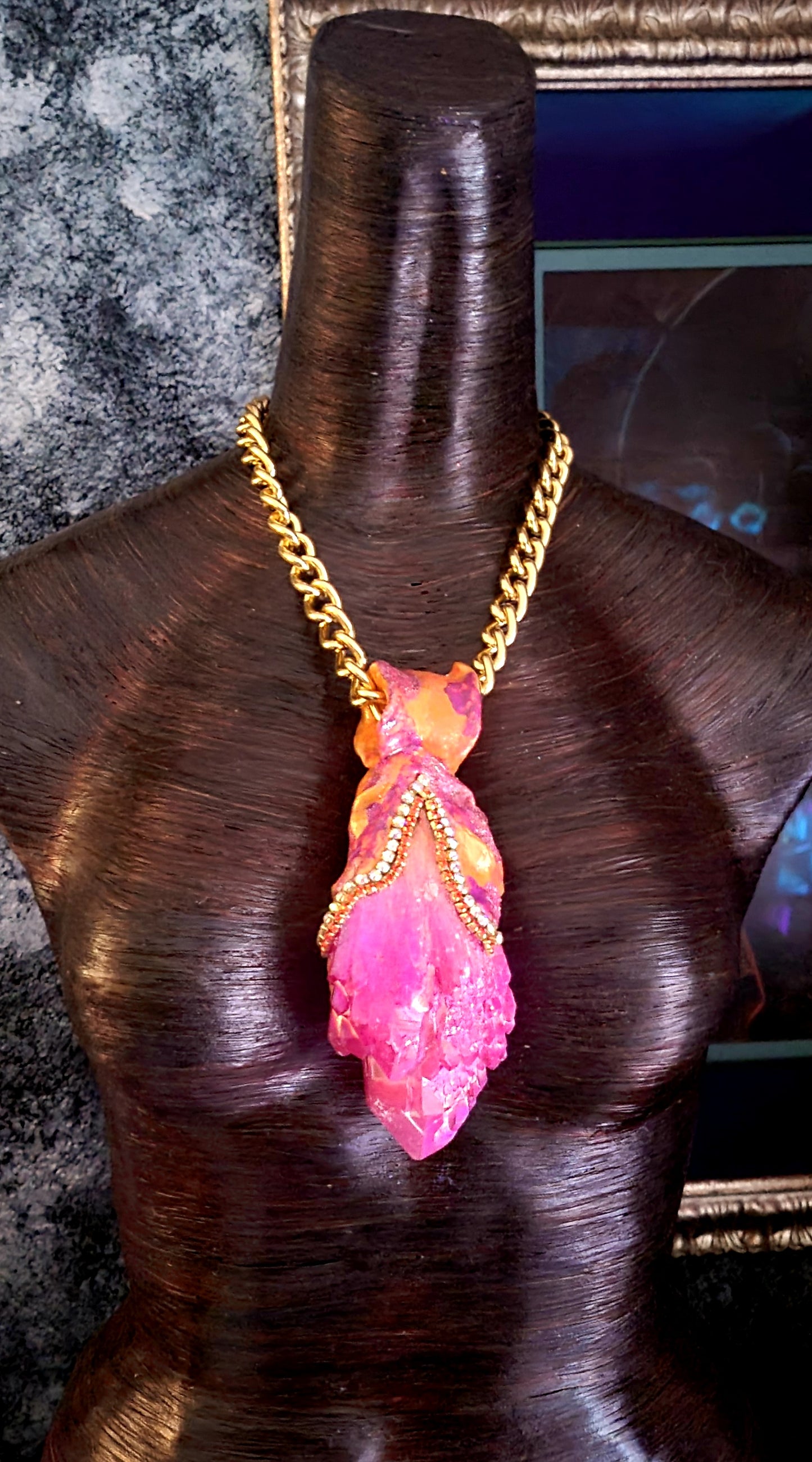 Pink Orange Aura Quartz Sculpted Pendant With Bold Chain - Rough Fuchsia Crystal Amulet for Women - Kat Kouture Jewelry - Feminine Summer Pagan Amulet