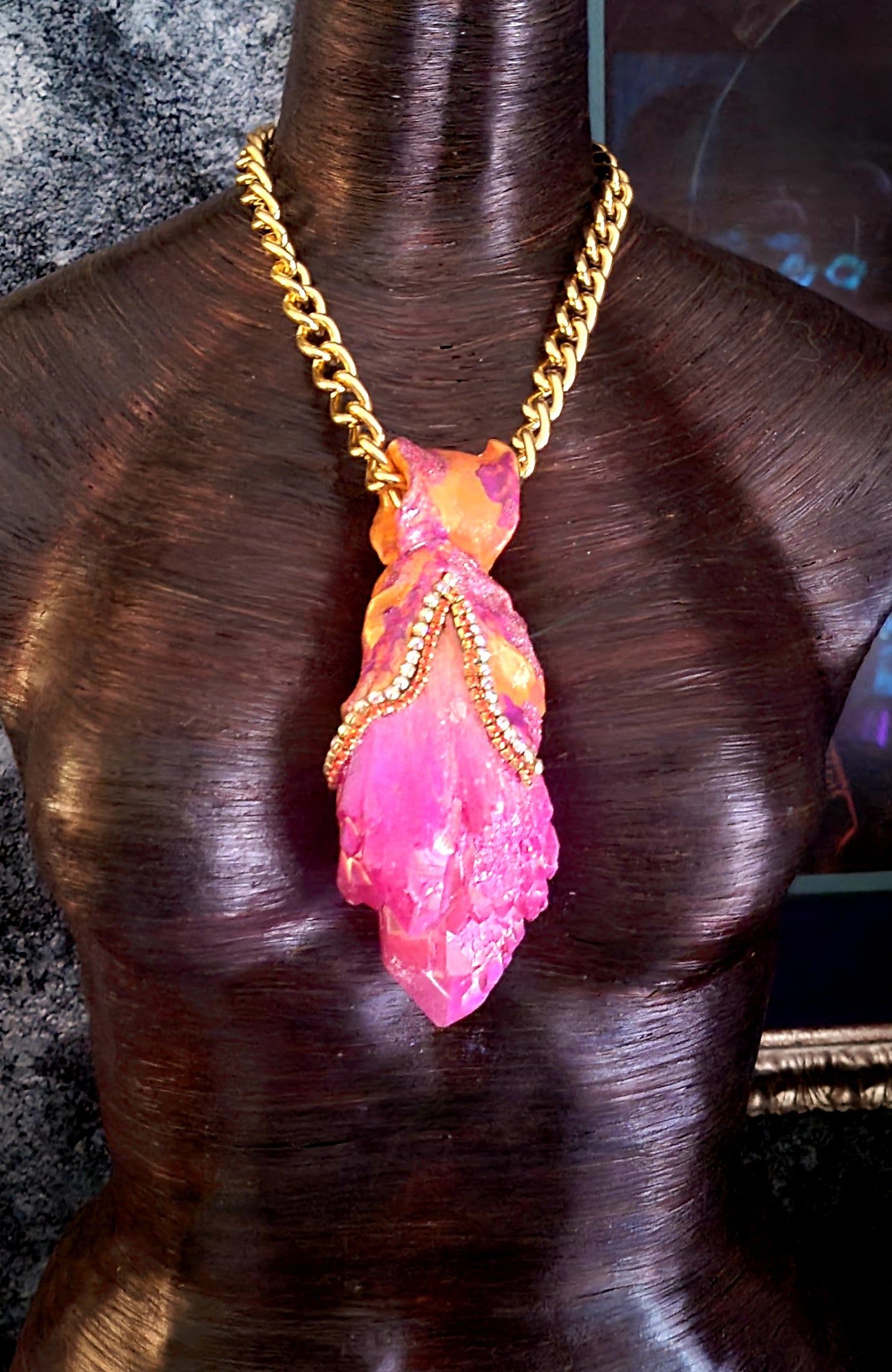 Pink Orange Aura Quartz Sculpted Pendant With Bold Chain - Rough Fuchsia Crystal Amulet for Women - Kat Kouture Jewelry - Feminine Summer Pagan Amulet