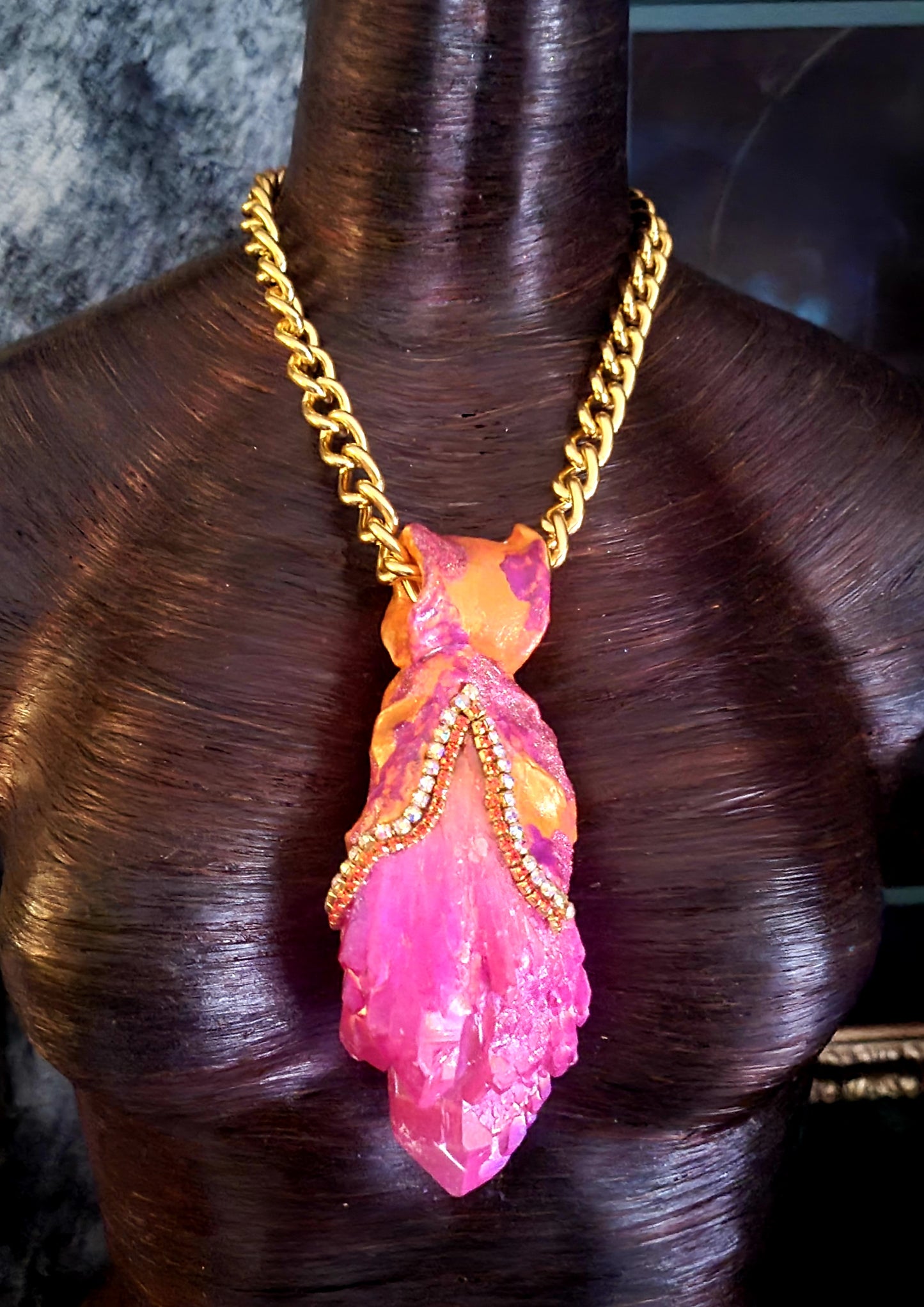 Pink Orange Aura Quartz Sculpted Pendant With Bold Chain - Rough Fuchsia Crystal Amulet for Women - Kat Kouture Jewelry - Feminine Summer Pagan Amulet