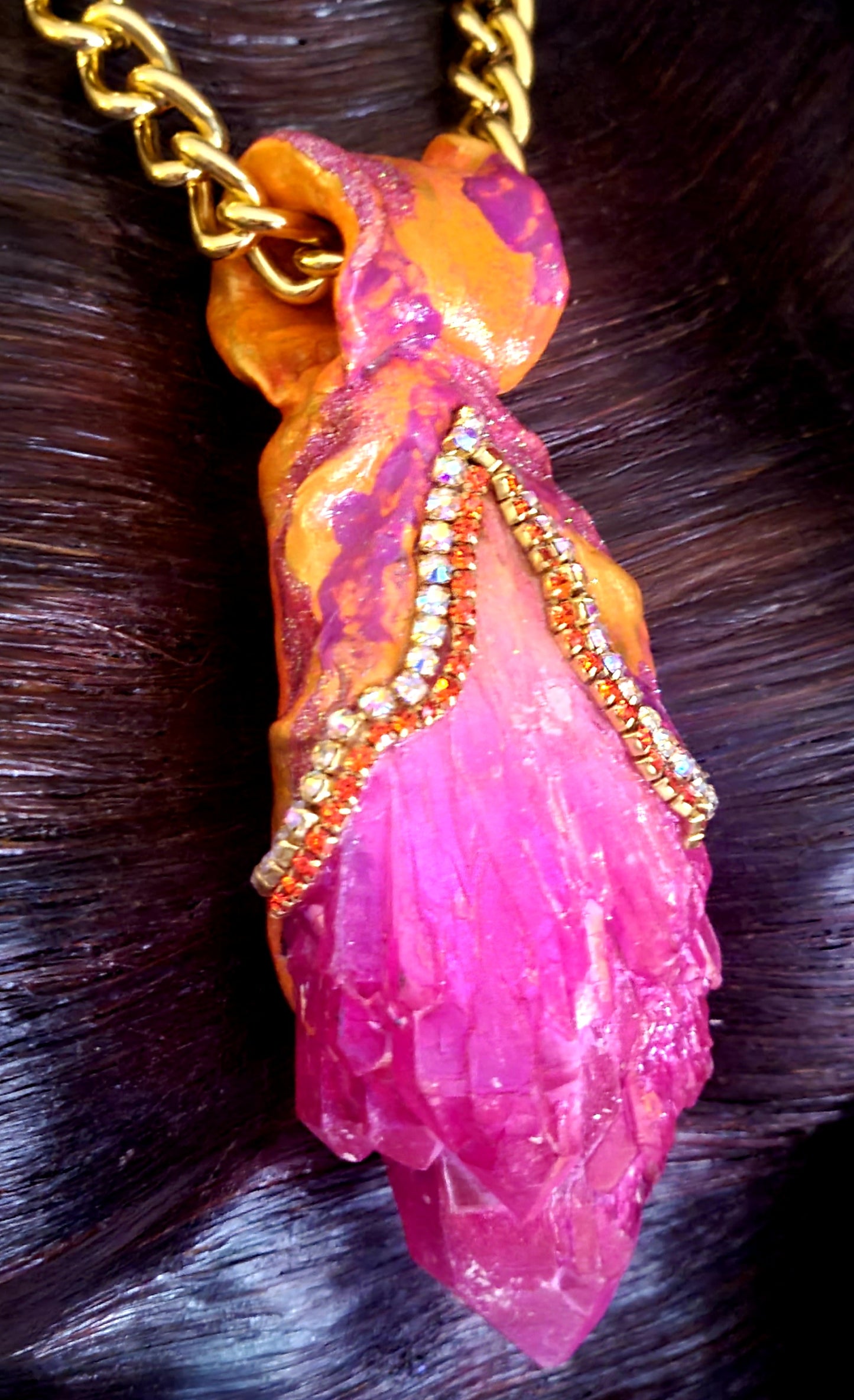 Pink Orange Aura Quartz Sculpted Pendant With Bold Chain - Rough Fuchsia Crystal Amulet for Women - Kat Kouture Jewelry - Feminine Summer Pagan Amulet