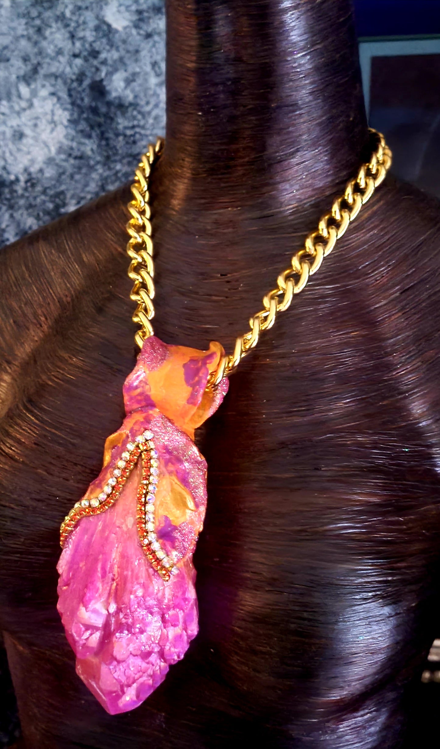 Pink Orange Aura Quartz Sculpted Pendant With Bold Chain - Rough Fuchsia Crystal Amulet for Women - Kat Kouture Jewelry - Feminine Summer Pagan Amulet