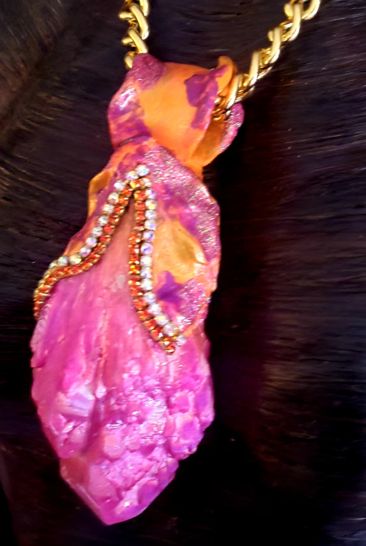 Pink Orange Aura Quartz Sculpted Pendant With Bold Chain - Rough Fuchsia Crystal Amulet for Women - Kat Kouture Jewelry - Feminine Summer Pagan Amulet