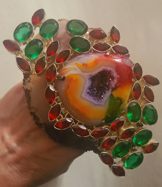 Druzy Agate Rainbow Hand Ring Red Green Crystal Adjustable Statement Ring Gaudy