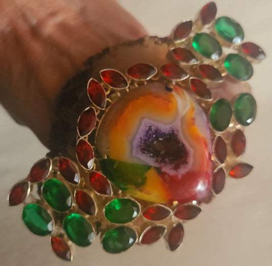 Druzy Agate & Red Green Jeweled Agate Hand Ring - Photoshoot