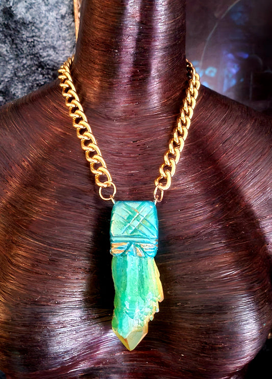 Blue Green & Yellow Flame Aura Quartz Sculpted Pendant - Rough Crystal Unisex Talisman - Kat Kouture Jewelry