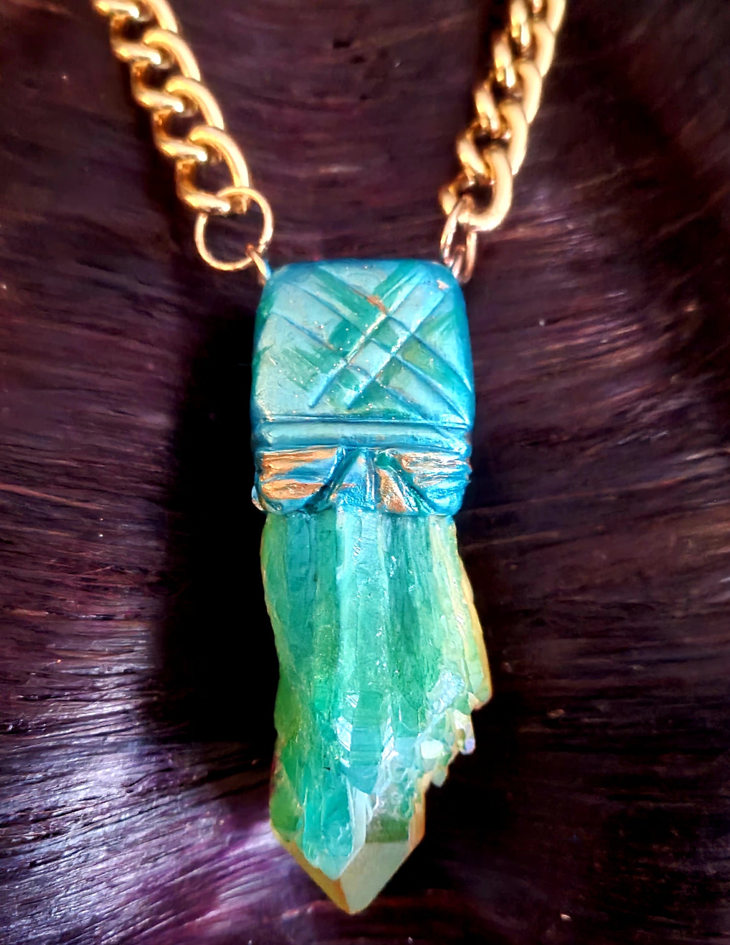 Blue Green & Yellow Flame Aura Quartz Sculpted Pendant - Rough Crystal Unisex Talisman - Kat Kouture Jewelry